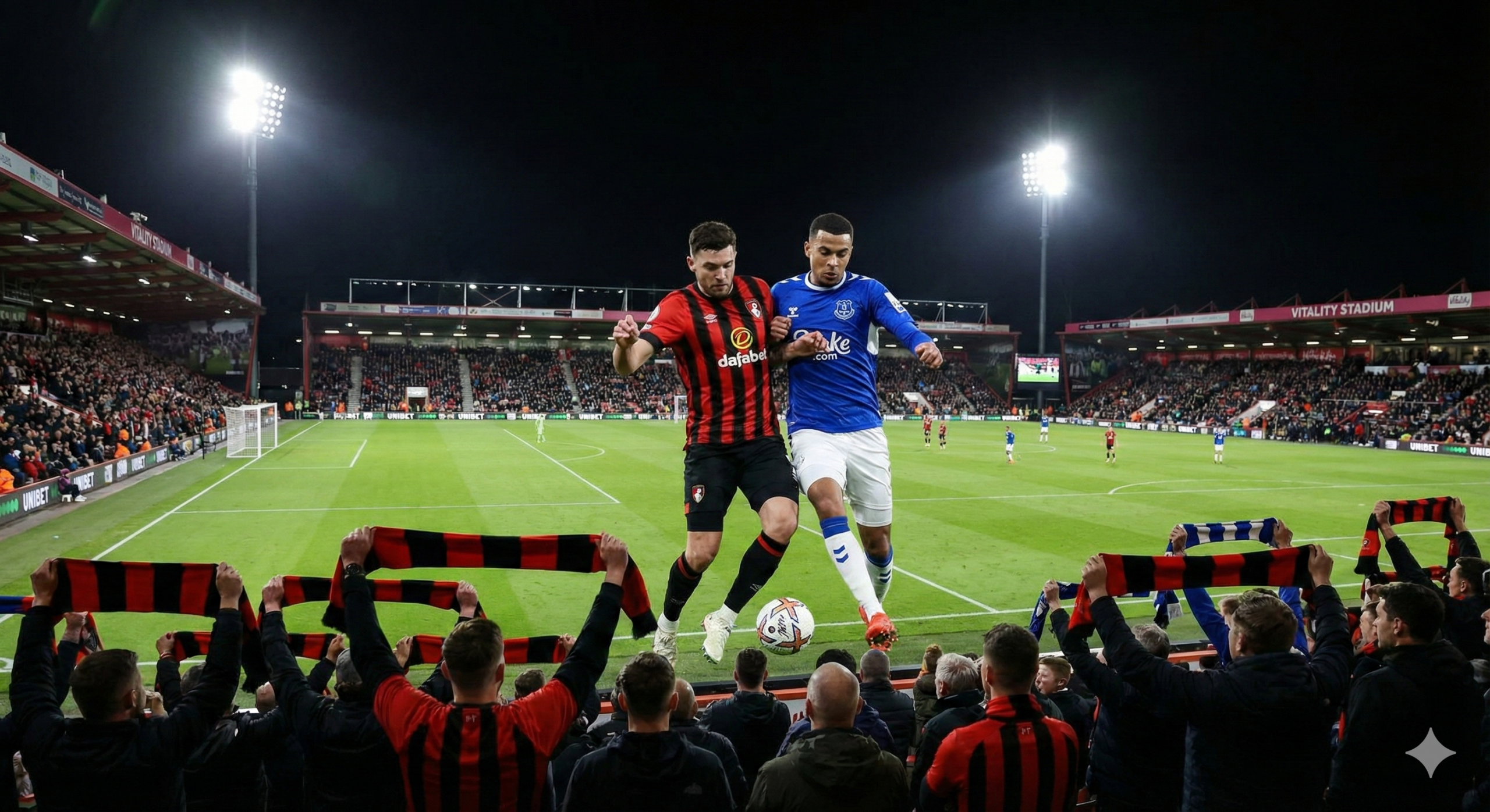 Sebuah ilustrasi visual yang menarik dan realistis untuk sampul artikel yang menampilkan pertandingan sepak bola Liga Premier Inggris antara Bournemouth melawan Everton. Di latar depan, pemain Bournemouth dengan seragam merah hitam bergaris khas mereka sedang berduel sengit memperebutkan bola dengan pemain Everton yang berseragam biru royal. Latar belakangnya adalah Stadion Vitality yang megah di bawah lampu sorot malam hari, dipenuhi oleh penggemar yang antusias mengibarkan syal. Suasana gambar harus mencerminkan ketegangan kompetitif dan ambisi kedua tim untuk meraih poin penuh setelah kekalahan di pertandingan sebelumnya, sangat cocok untuk menarik perhatian pembaca di situs prediksi bola.