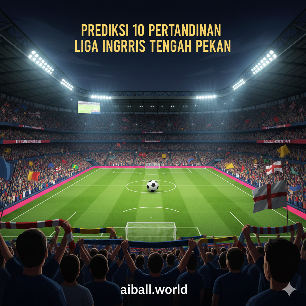 Ilustrasi digital berkualitas tinggi yang menampilkan suasana stadion sepak bola Premier League yang megah pada malam hari. Di tengah lapangan hijau yang tersorot lampu stadion yang terang, terdapat sebuah bola sepak bola resmi yang siap dimainkan. Latar belakang menunjukkan tribun yang dipenuhi penonton dengan bendera dan syal klub, menciptakan atmosfer yang intens dan penuh semangat. Komposisi gambar menggabungkan elemen warna dari berbagai klub papan atas Liga Inggris untuk merepresentasikan persaingan ketat di jadwal tengah pekan, dengan nuansa dramatis yang mencerminkan pentingnya poin bagi tim yang bertanding.