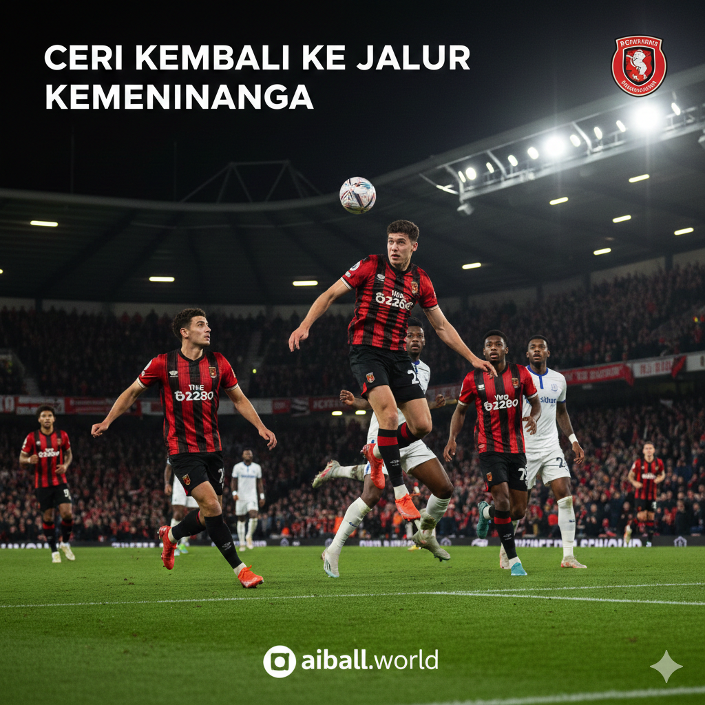 Sebuah foto aksi dinamis yang diambil dari sudut pandang rendah di Stadion Vitality, menampilkan pemain AFC Bournemouth dengan seragam kandang bergaris merah-hitam sedang melakukan serangan agresif ke arah gawang Everton. Latar belakang memperlihatkan tribun penonton yang padat dan lampu sorot stadion yang menyala terang untuk pertandingan malam hari. Gambar ini harus menangkap intensitas dan tekad kuat 'The Cherries' untuk memenangkan pertandingan dan bangkit dari kekalahan sebelumnya, mencerminkan atmosfer kompetitif Premier League.