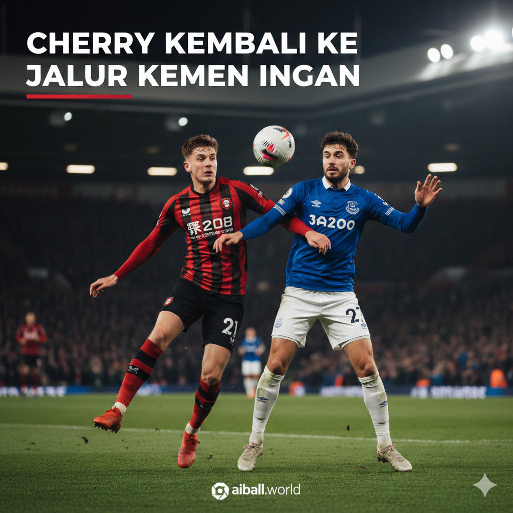 Gambar sampul yang dinamis menampilkan dua pemain dari AFC Bournemouth (berpakaian merah-hitam) dan Everton FC (berpakaian biru) saling berhadapan dalam perebutan bola di lapangan sepak bola. Fokusnya adalah pada intensitas dan persaingan, dengan latar belakang stadion Vitality yang kabur. Ekspresi pemain menunjukkan tekad yang kuat, mencerminkan keinginan kedua tim untuk 'kembali ke jalur kemenangan' seperti yang disebutkan dalam judul. Cahaya harus menyoroti aksi di tengah, menciptakan suasana malam hari yang cocok untuk pertandingan hari Selasa.