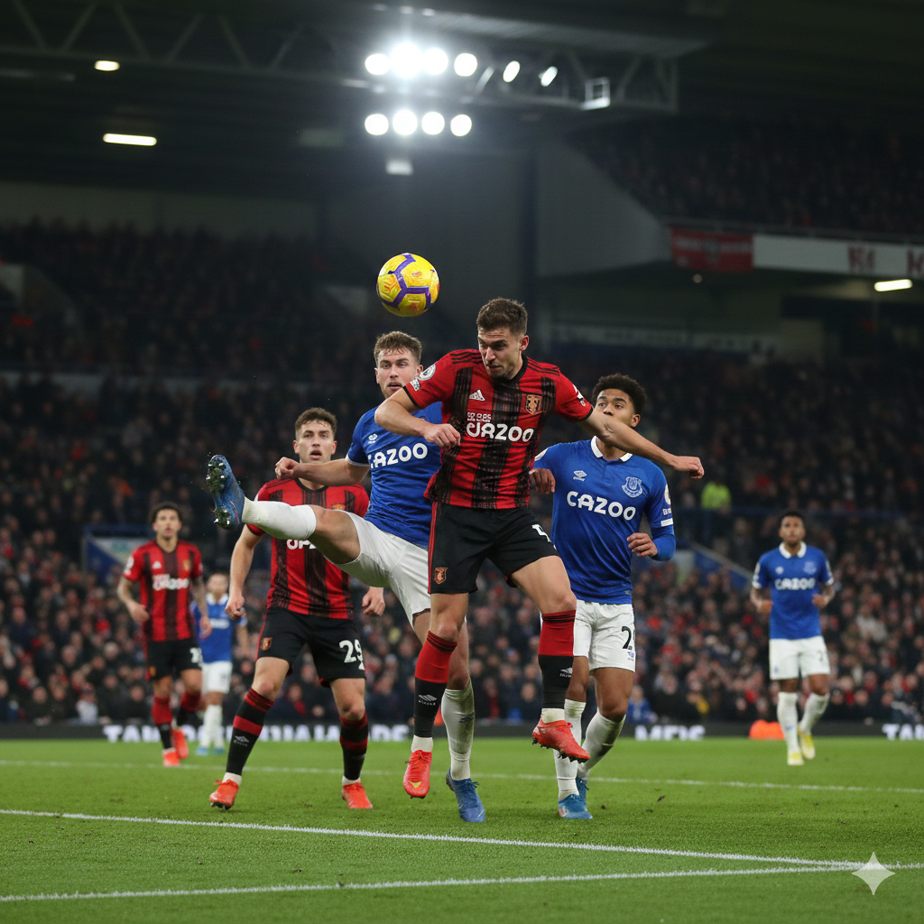 Foto aksi sepak bola di Liga Premier yang menunjukkan pemain dari AFC Bournemouth (The Cherries) mengenakan seragam merah-hitam dan pemain dari Everton (The Toffees) mengenakan seragam biru. Fokus harus pada duel bola yang intens atau adegan gawang, dengan latar belakang stadion yang penuh penonton dan cahaya lampu sorot. Gambar harus menangkap suasana kompetisi yang ketat dan tekad kedua tim untuk meraih kemenangan setelah kekalahan sebelumnya, melambangkan usaha Bournemouth untuk 'kembali ke jalur kemenangan' di kandang mereka, Vitality Stadium. Ekspresi wajah pemain harus menunjukkan konsentrasi dan kelelahan.