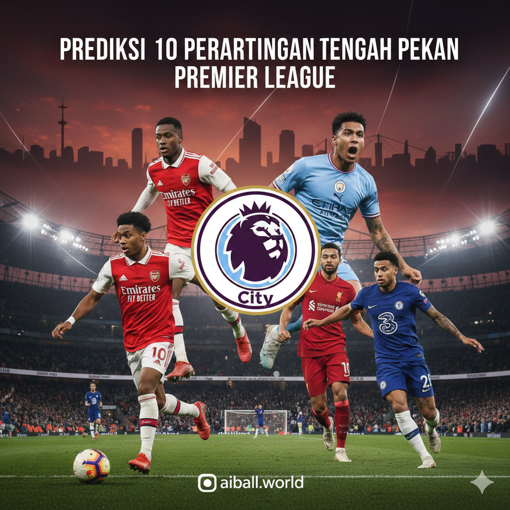 Gambar sampul ini menampilkan kolase dinamis dari beberapa momen kunci pertandingan Liga Premier yang akan datang, menekankan intensitas persaingan tengah pekan. Di tengah, fokus ditempatkan pada logo Liga Premier yang ikonik, dikelilingi oleh elemen visual yang mewakili tim-tim besar seperti Arsenal, Man City, Liverpool, dan Chelsea, mungkin dengan warna-warna khas tim mereka. Visualisasi ini harus mencerminkan kegembiraan dan tekanan jadwal padat tengah pekan, menarik perhatian penggemar sepak bola di Indonesia yang tertarik pada prediksi pertandingan. Gambar harus terasa energik dan penuh aksi.