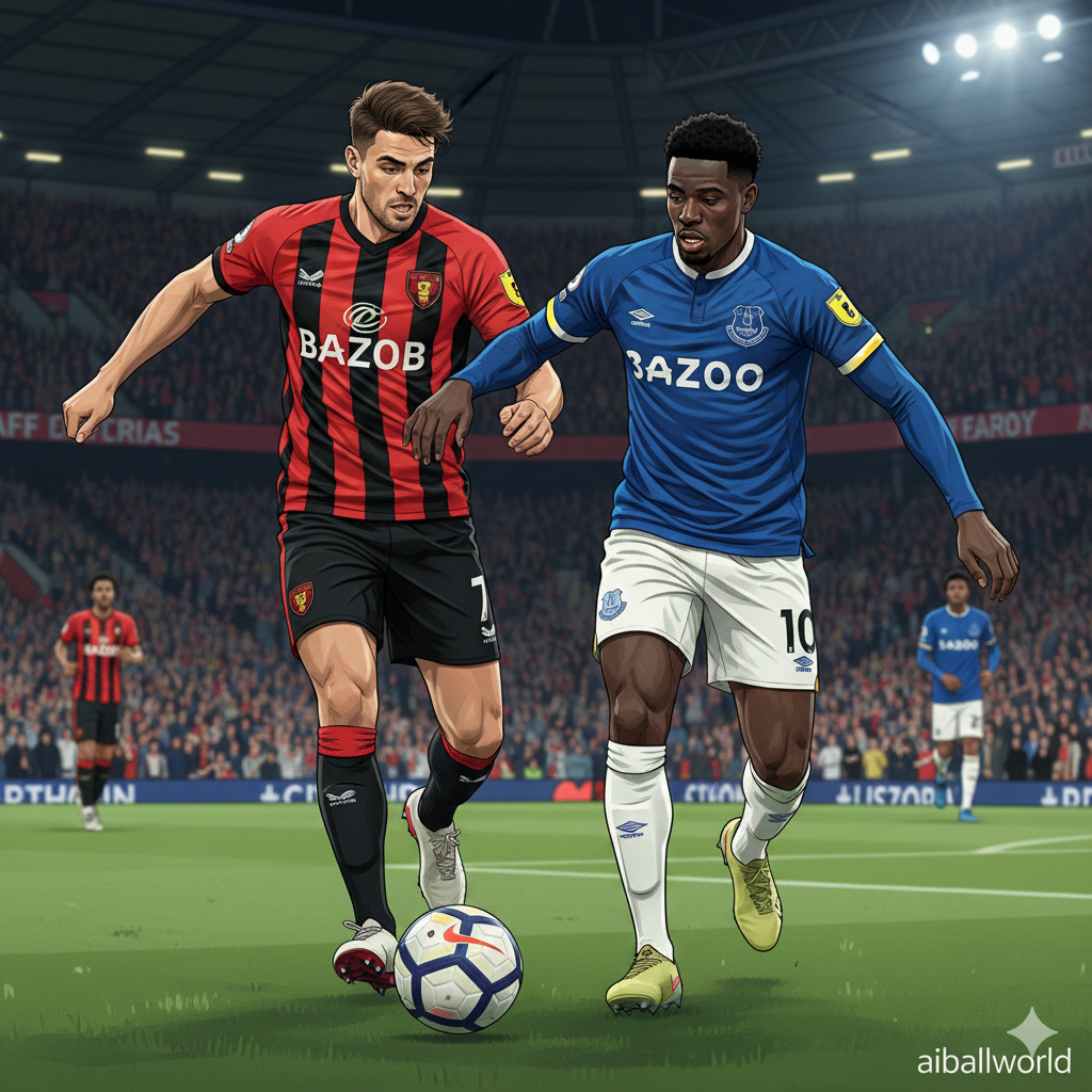 Ilustrasi yang intens menangkap momen aksi pertandingan sepak bola Liga Primer antara AFC Bournemouth (The Cherries) dan Everton (The Toffees). Tampilkan dua pemain, satu dengan jersey merah-hitam Bournemouth dan satu lagi dengan jersey biru Everton, yang sedang berjuang keras untuk mendapatkan penguasaan bola di lapangan hijau yang diterangi lampu stadion. Fokuskan pada ekspresi wajah yang menunjukkan tekad dan kecepatan, menggambarkan upaya kedua tim untuk 'kembali ke jalur kemenangan' seperti yang ditekankan dalam artikel. Latar belakang harus menunjukkan tribun penonton yang ramai, memperkuat suasana pertandingan kandang Bournemouth di Vitality Stadium.