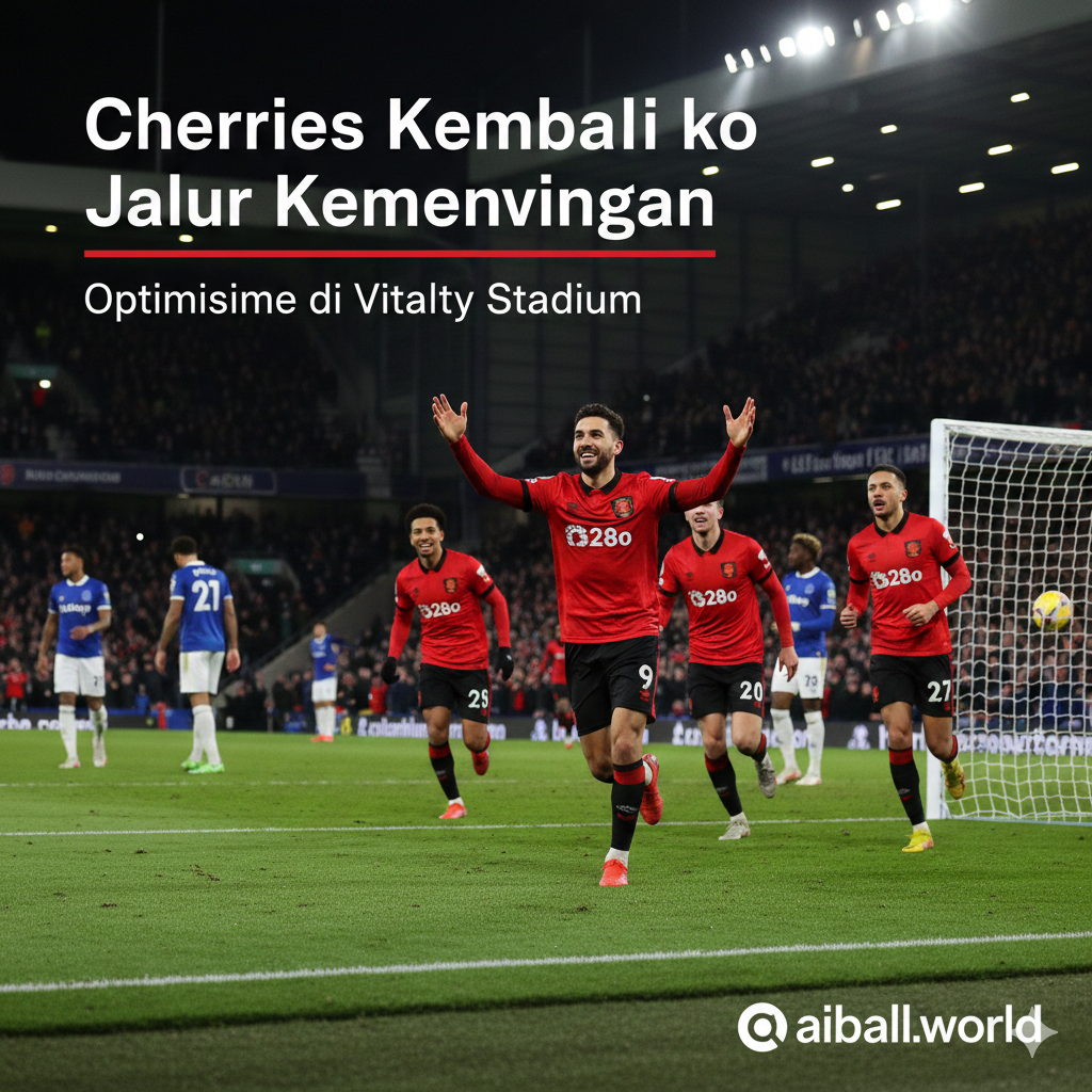 Gambar sampul dinamis yang menunjukkan pemain Bournemouth (dengan seragam merah-hitam khas mereka) merayakan gol atau dalam posisi menyerang yang dominan, mencerminkan optimisme untuk meraih kemenangan. Latar belakang harus memperlihatkan suasana pertandingan malam di Vitality Stadium, dengan sedikit bayangan pemain Everton yang terlihat kecewa di kejauhan. Penekanan visual harus pada kekuatan tim tuan rumah, sesuai dengan prediksi artikel bahwa 'The Cherries' akan memenangkan pertandingan. Nuansa gambar harus berenergi tinggi dan fokus pada aksi di lapangan.