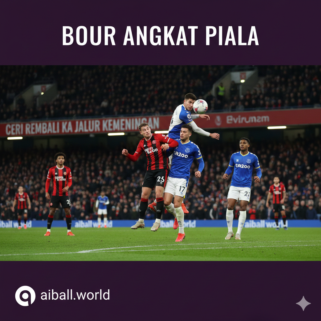 Suasana pertandingan sepak bola yang intens di Stadion Vitality pada malam hari di bawah sorotan lampu stadion yang terang. Gambar menampilkan aksi dinamis antara pemain Bournemouth yang mengenakan seragam kandang ikonik bergaris merah dan hitam, sedang berduel memperebutkan bola melawan pemain Everton yang mengenakan seragam tandang biru. Latar belakang memperlihatkan tribun penonton yang penuh sesak dan bersemangat, menciptakan atmosfer Liga Premier Inggris yang otentik. Visual ini mencerminkan tekad The Cherries untuk bangkit kembali dan meraih kemenangan di kandang sendiri.