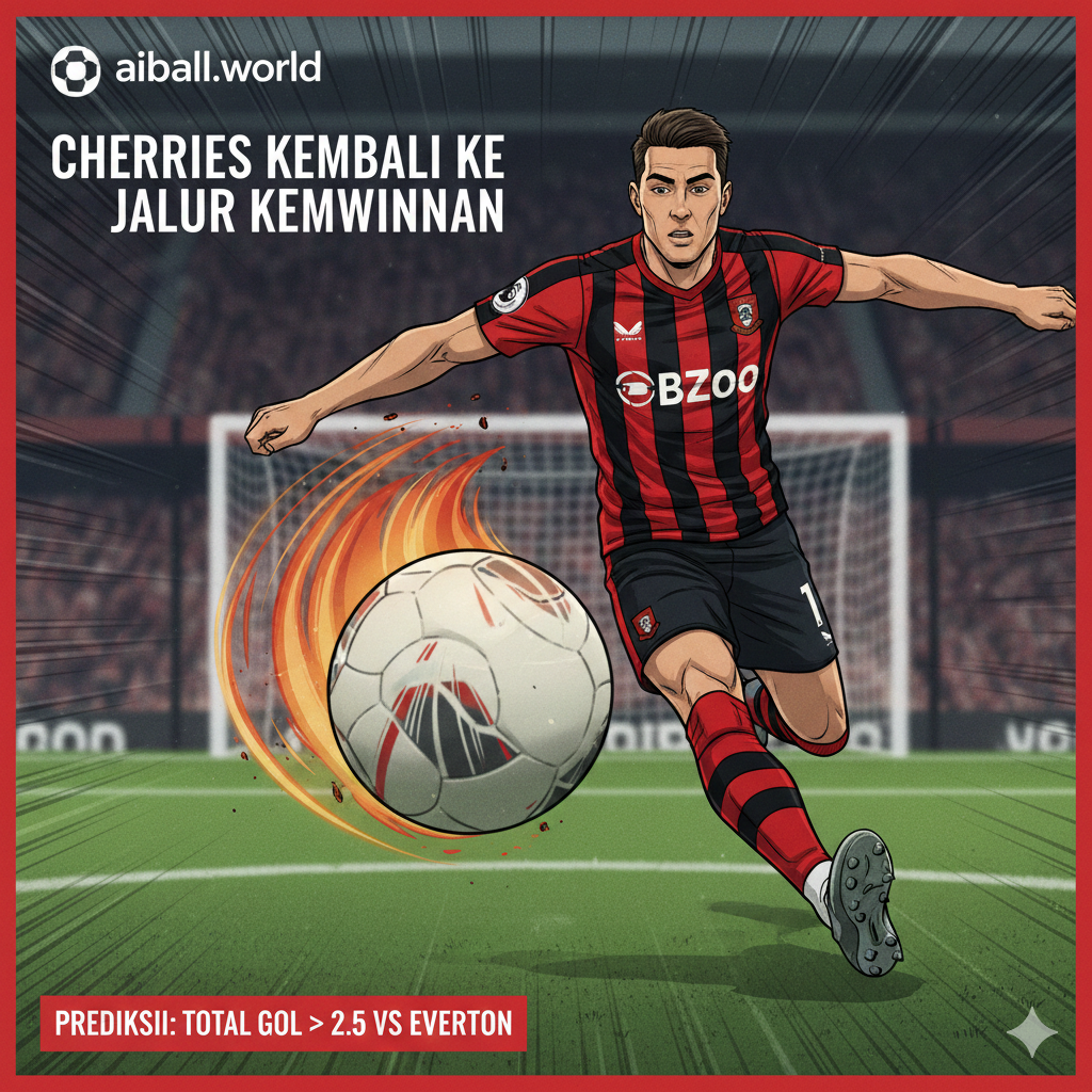 Tampilan close-up seorang penyerang Bournemouth yang sedang melakukan tendangan voli atau tembakan keras ke arah gawang, menunjukkan ketajaman lini depan tim. Pemain tersebut terlihat fokus dengan ekspresi penuh determinasi. Latar belakang lapangan hijau yang sedikit kabur (bokeh) memberikan kesan kecepatan dan energi tinggi. Gambar ini memvisualisasikan statistik serangan Bournemouth yang impresif musim ini serta mendukung prediksi taruhan yang mengharapkan total gol di atas 2.5 dalam pertandingan melawan Everton.