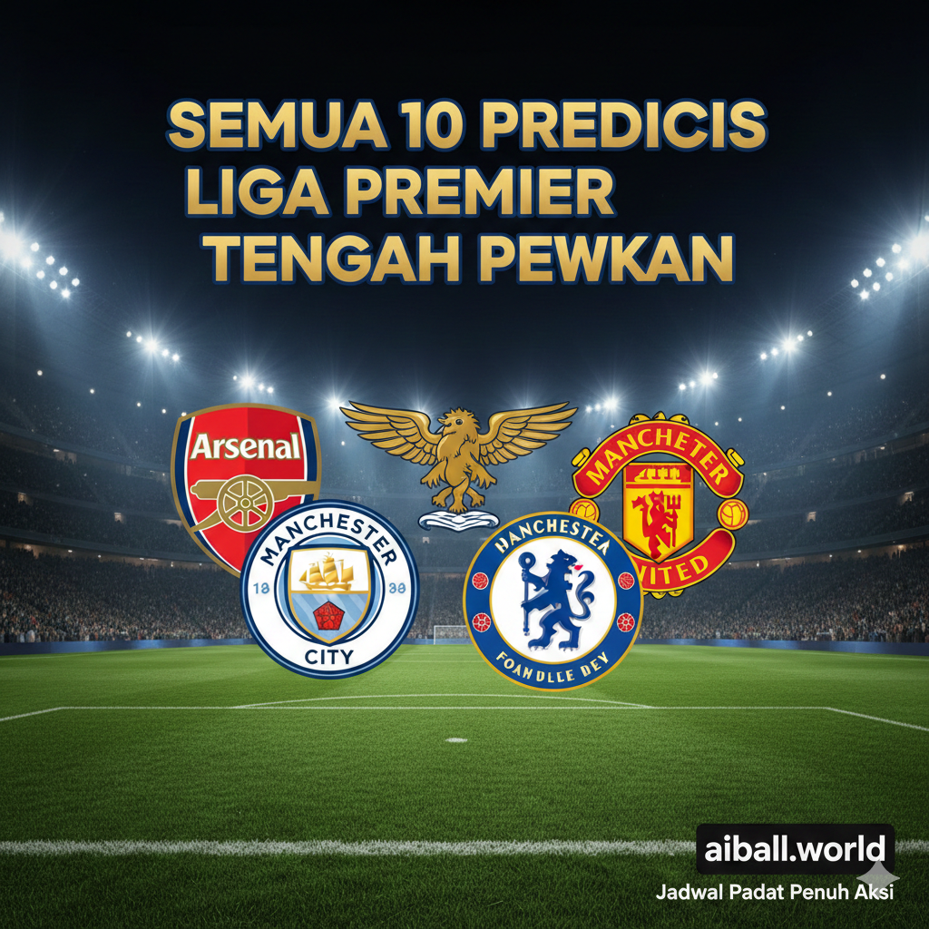 Gambar berorientasi lanskap yang dinamis, menyoroti persaingan sengit dan jadwal padat Liga Primer Inggris tengah pekan. Komposisi utama menampilkan kolase mozaik yang terdiri dari logo tim-tim besar yang berhadapan (misalnya, Arsenal, Man City, Chelsea, Man Utd), dikelilingi oleh lapangan hijau yang diterangi lampu stadion pada malam hari untuk menyampaikan suasana pertandingan tengah pekan. Judul 'All 10 Premier League Midweek Predictions' (dalam bahasa Indonesia) ditampilkan secara mencolok di bagian atas. Desain harus memancarkan energi, kegembiraan, dan kualitas profesional dari siaran sepak bola top Eropa.