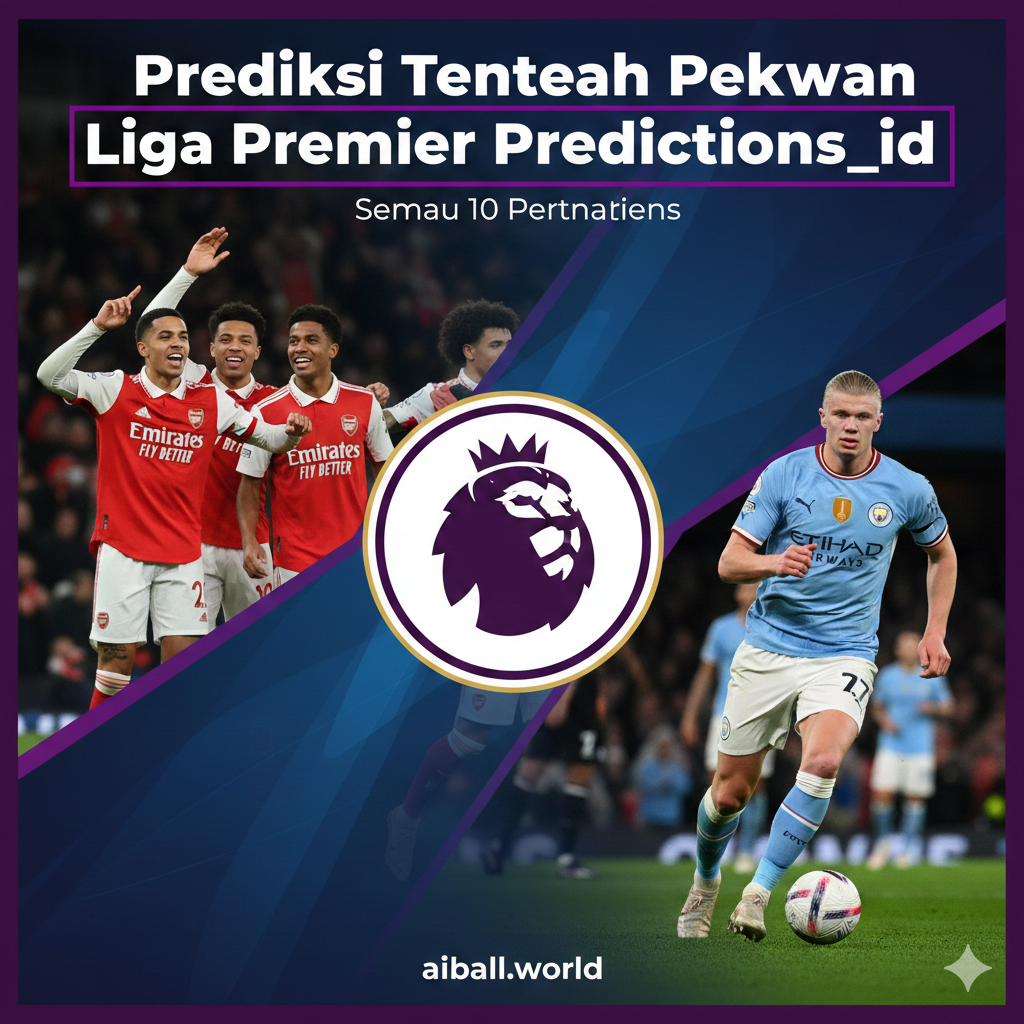 Sebuah kolase dinamis yang menampilkan logo resmi Premier League di tengah, dikelilingi oleh gambar aksi dari pertandingan kunci tengah pekan. Di sudut kiri atas, tampak pemain Arsenal merayakan gol, mencerminkan posisi mereka di puncak klasemen. Di sudut kanan bawah, terlihat pemain Manchester City (seperti Haaland atau De Bruyne) sedang berlari dengan bola, melambangkan mesin gol mereka. Desain harus menggunakan warna biru dan ungu khas Premier League, dengan teks 'Prediksi Tengah Pekan' dalam bahasa Indonesia yang berani dan menonjol untuk menarik perhatian pembaca.
