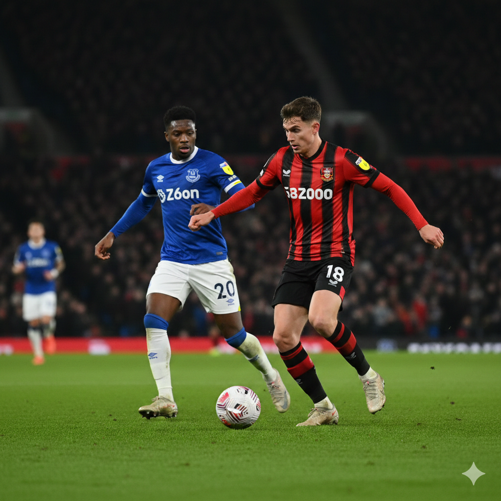 Gambar berdefinisi tinggi yang menampilkan aksi sepak bola dinamis antara pemain Bournemouth (dengan kostum merah-hitam khas mereka, melambangkan 'Cherries') dan pemain Everton (dengan kostum biru). Fokus utama harus pada pemain Bournemouth yang sedang menguasai bola atau merayakan gol. Latar belakang harus samar-samar menunjukkan stadion mereka, Vitality Stadium, pada malam hari, menciptakan suasana pertandingan yang intens dan krusial. Ekspresi pemain menunjukkan semangat kompetitif dan tekad untuk meraih kemenangan, sejalan dengan judul artikel 'Cherries Trở Lại Quỹ Đạo Chiến Thắng'.