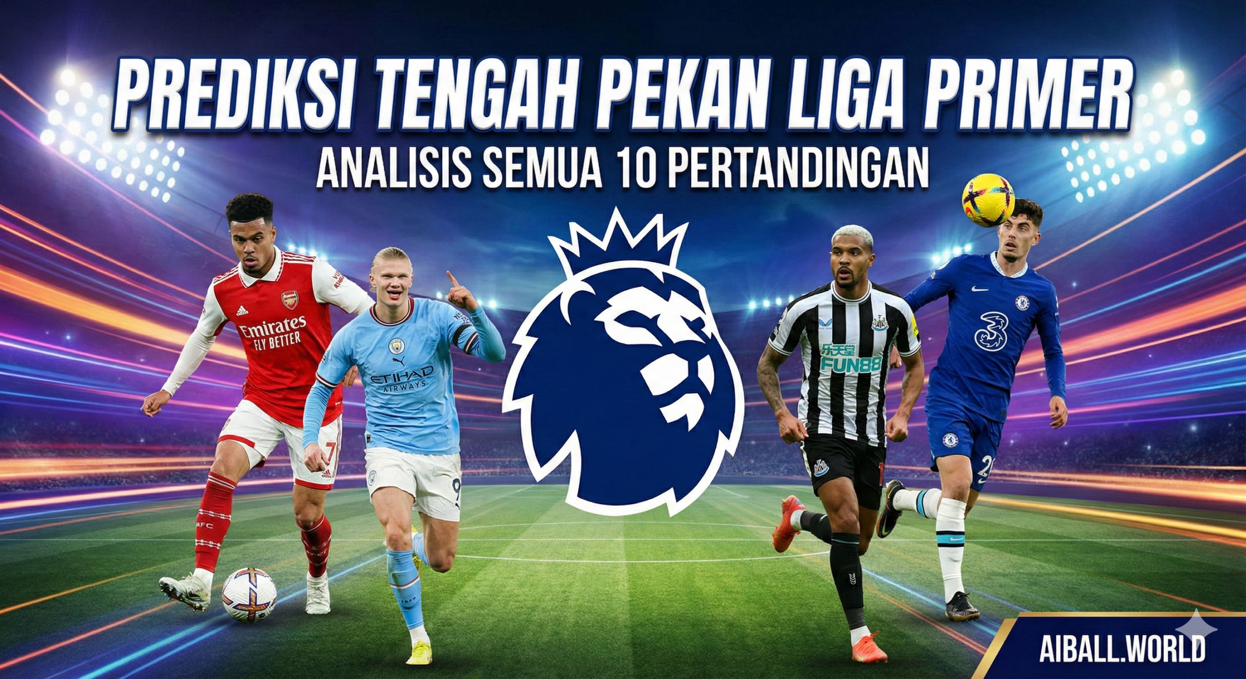 Ilustrasi komposit yang dinamis dan menarik perhatian, menampilkan logo resmi Liga Premier (seperti singa mahkota) di tengah, dikelilingi oleh mozaik mini dari beberapa pemain kunci yang disebutkan dalam artikel (misalnya, pemain dari Arsenal, Man City, Newcastle, dan Chelsea). Skema warna harus cerah dan energik, mencerminkan intensitas jadwal tengah pekan. Latar belakang harus menyiratkan lapangan sepak bola atau stadion yang diterangi lampu. Tujuan utama gambar adalah untuk menarik pembaca dengan janji prediksi skor yang menarik untuk rangkaian pertandingan seru tengah pekan ini.