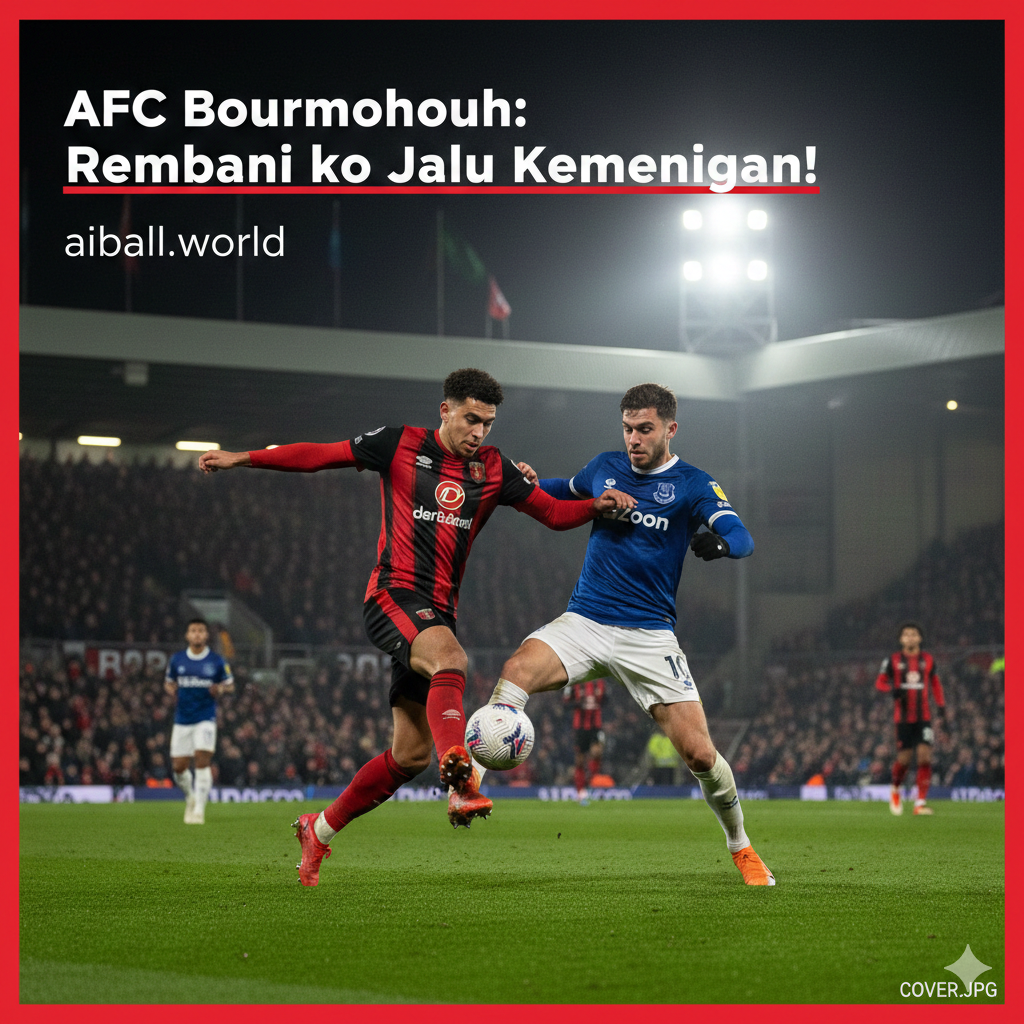 Gambar aksi dinamis yang menangkap bentrokan sengit antara pemain AFC Bournemouth dan Everton FC di bawah lampu sorot Vitality Stadium. Pemain Bournemouth (dengan seragam merah dan hitam) terlihat sedang melakukan tekel atau perebutan bola yang intens melawan pemain Everton (berseragam biru tua), menyoroti intensitas laga Liga Primer. Latar belakang harus menunjukkan suasana malam yang ramai dan penuh energi, mencerminkan pertarungan krusial ini. Fokus utama adalah pada determinasi kedua tim untuk meraih kemenangan, terutama Bournemouth yang diprediksi akan 'kembali ke jalur kemenangan' di kandang sendiri setelah hasil mengecewakan.