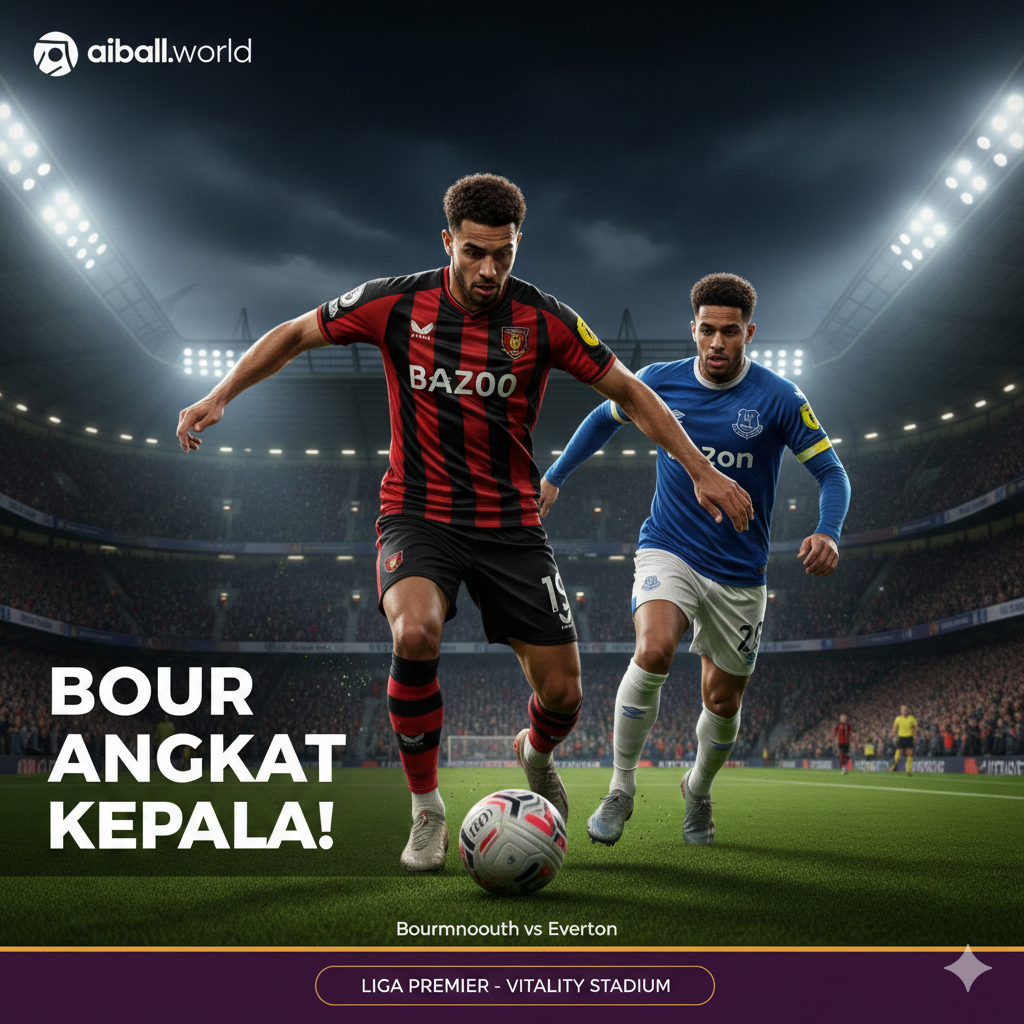 Ilustrasi realistis pertandingan Liga Premier yang seru di Stadion Vitality pada malam hari, mempertemukan tuan rumah Bournemouth melawan Everton. Gambar menampilkan pemain Bournemouth dengan seragam khas garis-garis merah dan hitam sedang menggiring bola dengan agresif, dihadang oleh bek Everton yang mengenakan seragam biru. Latar belakang stadion dipenuhi oleh penonton yang antusias di bawah sorotan lampu stadion yang terang, menciptakan atmosfer pertandingan yang menegangkan dan penuh energi, melambangkan tekad Bournemouth untuk kembali ke jalur kemenangan di kandang sendiri.