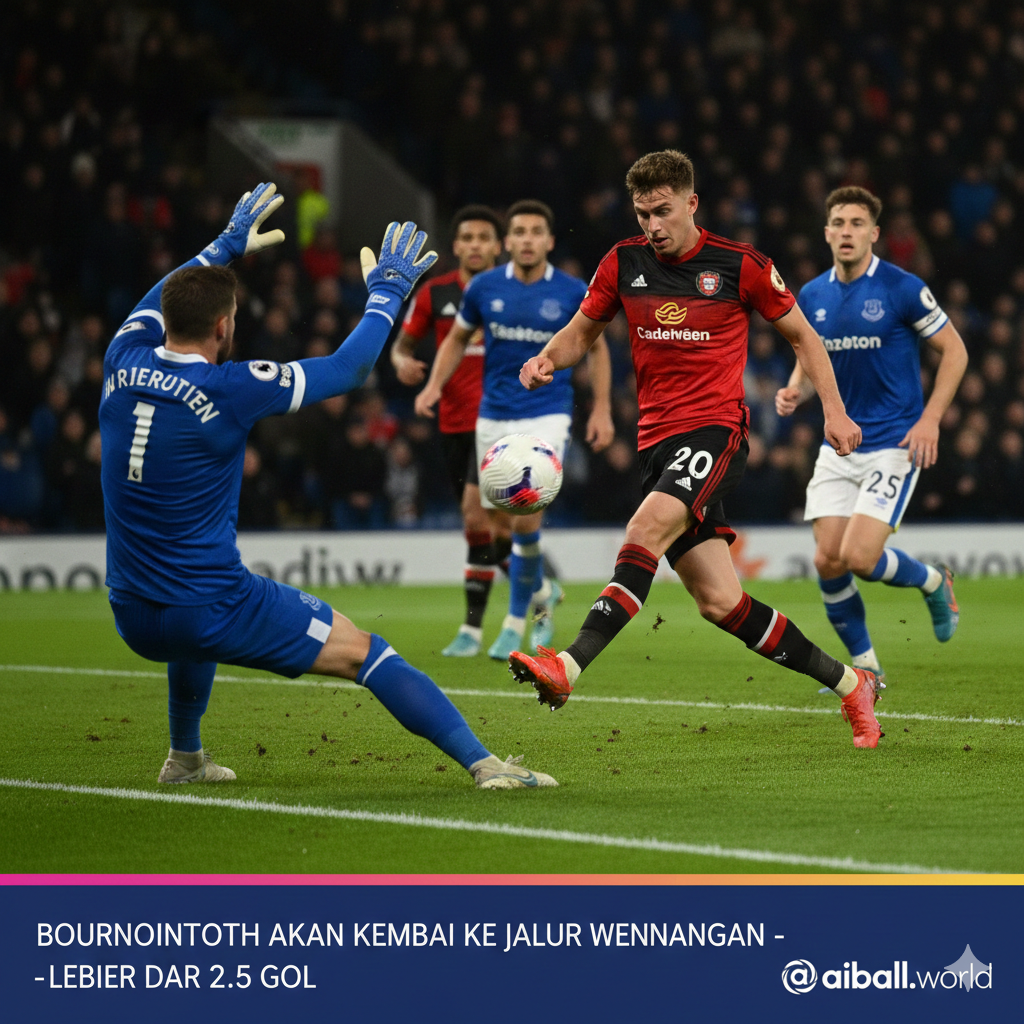 Momen aksi dramatis di depan gawang yang menggambarkan prediksi pertandingan dengan skor tinggi di atas 2.5 gol. Fokus gambar adalah pada striker Bournemouth yang melepaskan tendangan keras ke arah gawang, sementara penjaga gawang Everton melompat untuk mencoba menepis bola namun terlihat kesulitan. Rumput hijau lapangan terlihat detail dengan efek pencahayaan dramatis dan sedikit blur gerakan. Gambar ini merepresentasikan statistik serangan Bournemouth yang kuat serta kerentanan pertahanan kedua tim, mendukung analisis taruhan untuk kemenangan tuan rumah dan jumlah gol yang banyak.