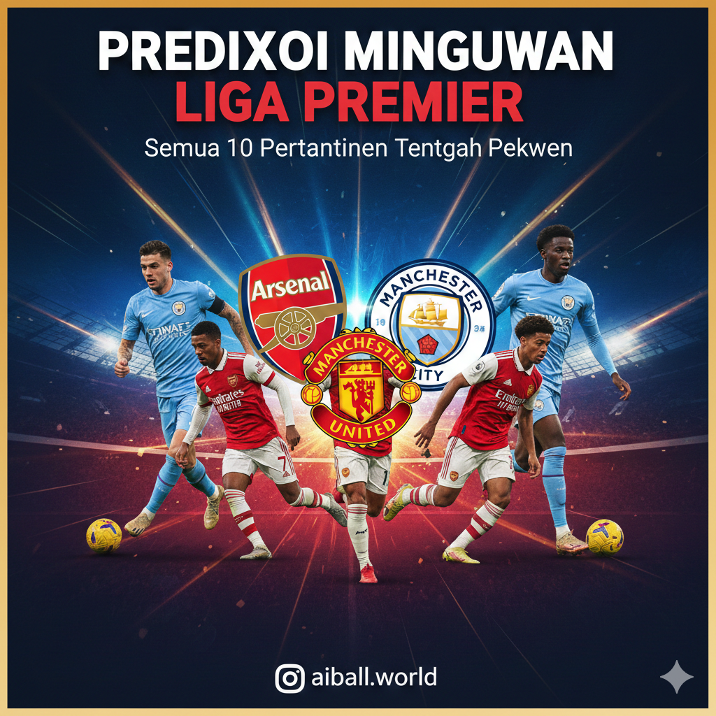 Sebuah kolase dinamis yang mewakili prediksi pertandingan Liga Premier di pertengahan pekan. Gambar harus menampilkan sorotan visual dari beberapa tim kunci yang disebutkan dalam artikel, seperti logo atau pemain terkenal dari Arsenal, Manchester City, dan Manchester United. Latar belakang harus memiliki warna-warna cerah atau motif bola/stadion yang mengisyaratkan ketegangan dan drama sepak bola. Desain harus profesional dan menarik secara visual untuk berfungsi sebagai gambar utama untuk serangkaian prediksi. Gambar ini bertujuan untuk segera menarik perhatian pembaca yang tertarik dengan prediksi pertandingan.