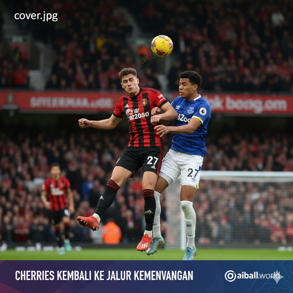 Dua pemain dari AFC Bournemouth dan Everton saling berhadapan di lapangan sepak bola, dengan latar belakang tribun penonton yang penuh sesak. Gambar harus menunjukkan momen intens, mungkin perebutan bola udara atau tekel, untuk mencerminkan pertarungan sengit di Liga Primer. Warna merah hitam khas Bournemouth dan biru Everton harus jelas, menyoroti persaingan. Ekspresi para pemain harus menunjukkan tekad dan fokus untuk kembali ke jalur kemenangan. Fokus utama adalah pada aksi pertandingan, mengacu pada prediksi taruhan 'Bournemouth menang dan Lebih dari 2,5 Gol'.