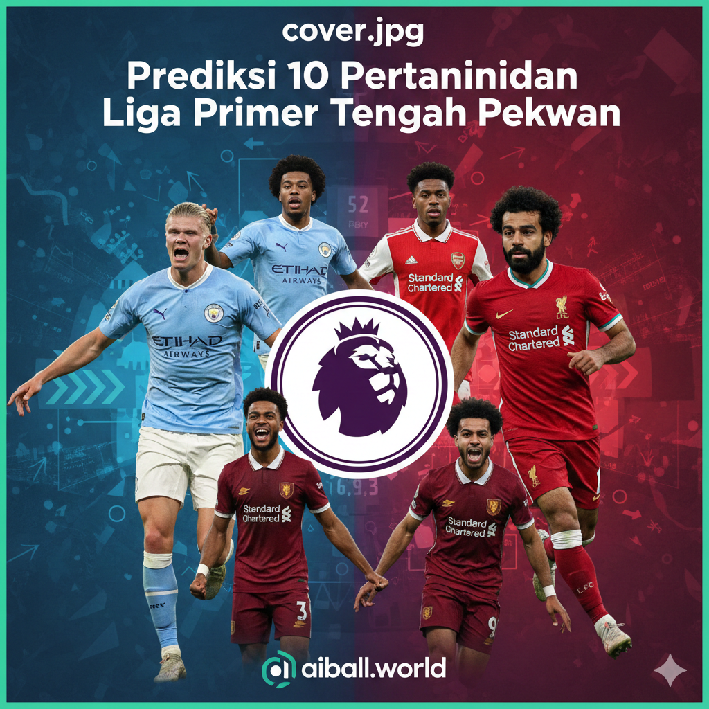 Sebuah kolase dinamis yang menampilkan aksi-aksi penting dari pertandingan-pertandingan Liga Primer Inggris tengah pekan yang diprediksi. Di tengah, fokuskan pada logo Liga Premier yang dikelilingi oleh gambar-gambar kecil pemain kunci dari tim-tim utama seperti Erling Haaland (Man City), Mohamed Salah (Liverpool), Bukayo Saka (Arsenal), dan seorang pemain dari Aston Villa yang sedang merayakan gol, mengingat penampilan impresif mereka. Warna-warna klub harus menonjol. Suasana harus intens dan penuh semangat untuk menarik perhatian pembaca, mencerminkan ketegangan dan kegembiraan dari jadwal padat di tengah pekan. Tambahkan sedikit elemen grafis bertema prediksi atau skor di latar belakang.