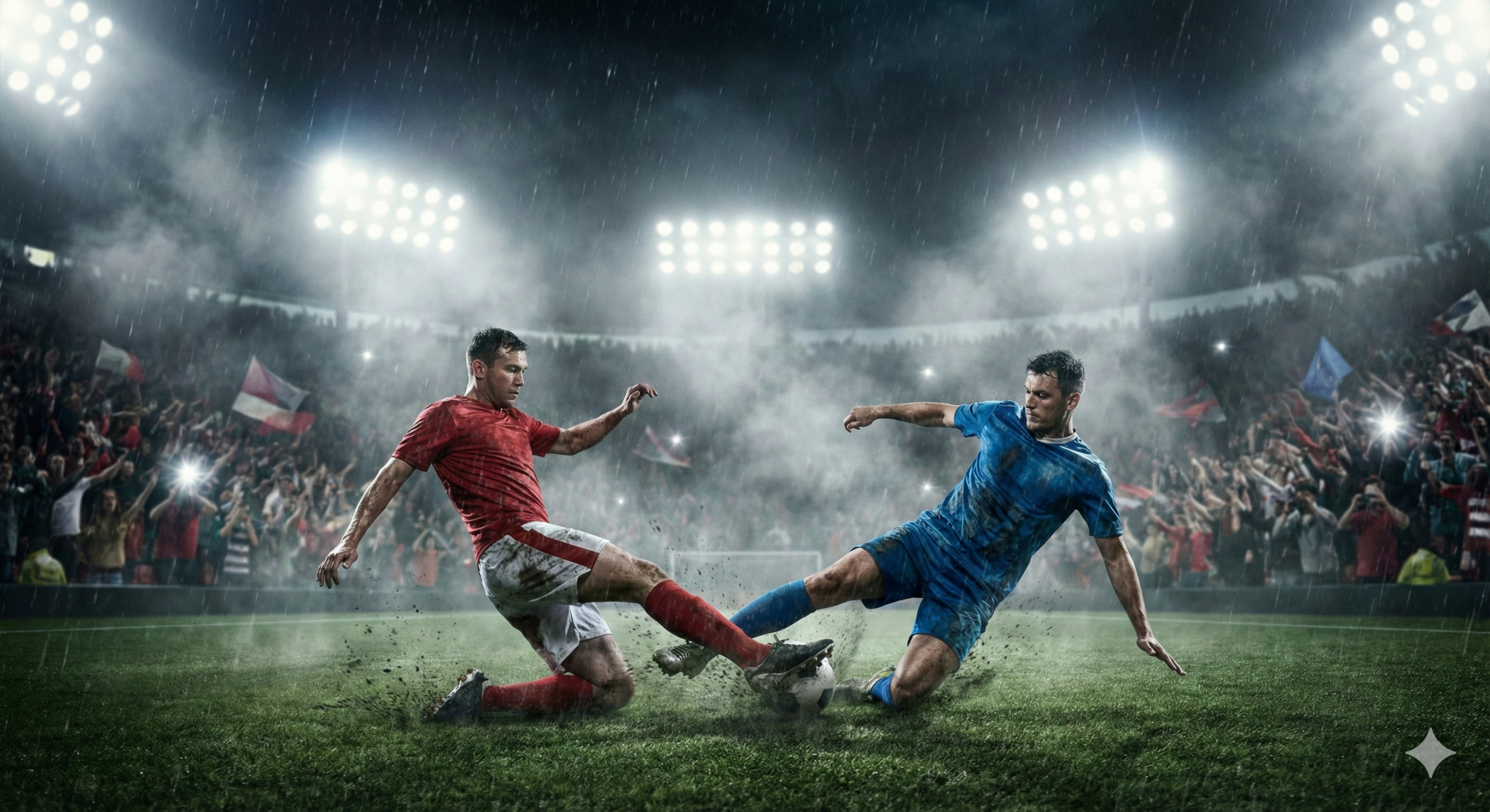 Suasana stadion Premier League yang dramatis pada malam hari, menunjukkan lampu sorot yang terang benderang dan kabut tipis di lapangan. Fokus utamanya adalah dua pemain yang saling berhadapan dalam perebutan bola yang intens, mewakili persaingan sengit di tengah pekan. Di latar belakang, tribun penonton tampak penuh dan bersemangat. Gambar harus memiliki nuansa visual yang kuat, gelap, dan berenergi tinggi untuk mencerminkan pertarungan antar klub di 'midweek fixture' yang padat. Gunakan jersey acak dengan warna klub yang berbeda, hindari logo atau nama klub tertentu.