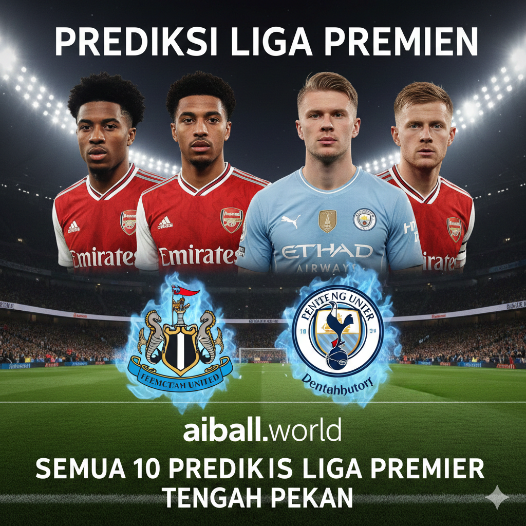 Sebuah gambar kolase yang dinamis dan menarik, menampilkan empat tim Liga Premier utama yang terlibat dalam jadwal pertandingan tengah pekan. Di bagian atas, fokuskan pada wajah-wajah pemain kunci dari Arsenal (mempertahankan posisi teratas) dan Manchester City (tim dengan skor tertinggi), seolah-olah mereka sedang saling berhadapan. Di bagian bawah, tampilkan logo Newcastle United dan Tottenham Hotspur secara berdampingan, merefleksikan salah satu pertandingan terpanas minggu ini. Gunakan latar belakang yang menampilkan lapangan hijau stadion di malam hari dengan cahaya lampu sorot yang terang untuk memberikan suasana pertandingan tengah pekan yang intens. Tambahkan lapisan teks buram di bagian atas dengan tulisan "PREDIKSI PREMIER LEAGUE" atau "MIDWEEK FIXTURES" untuk menegaskan konteksnya.