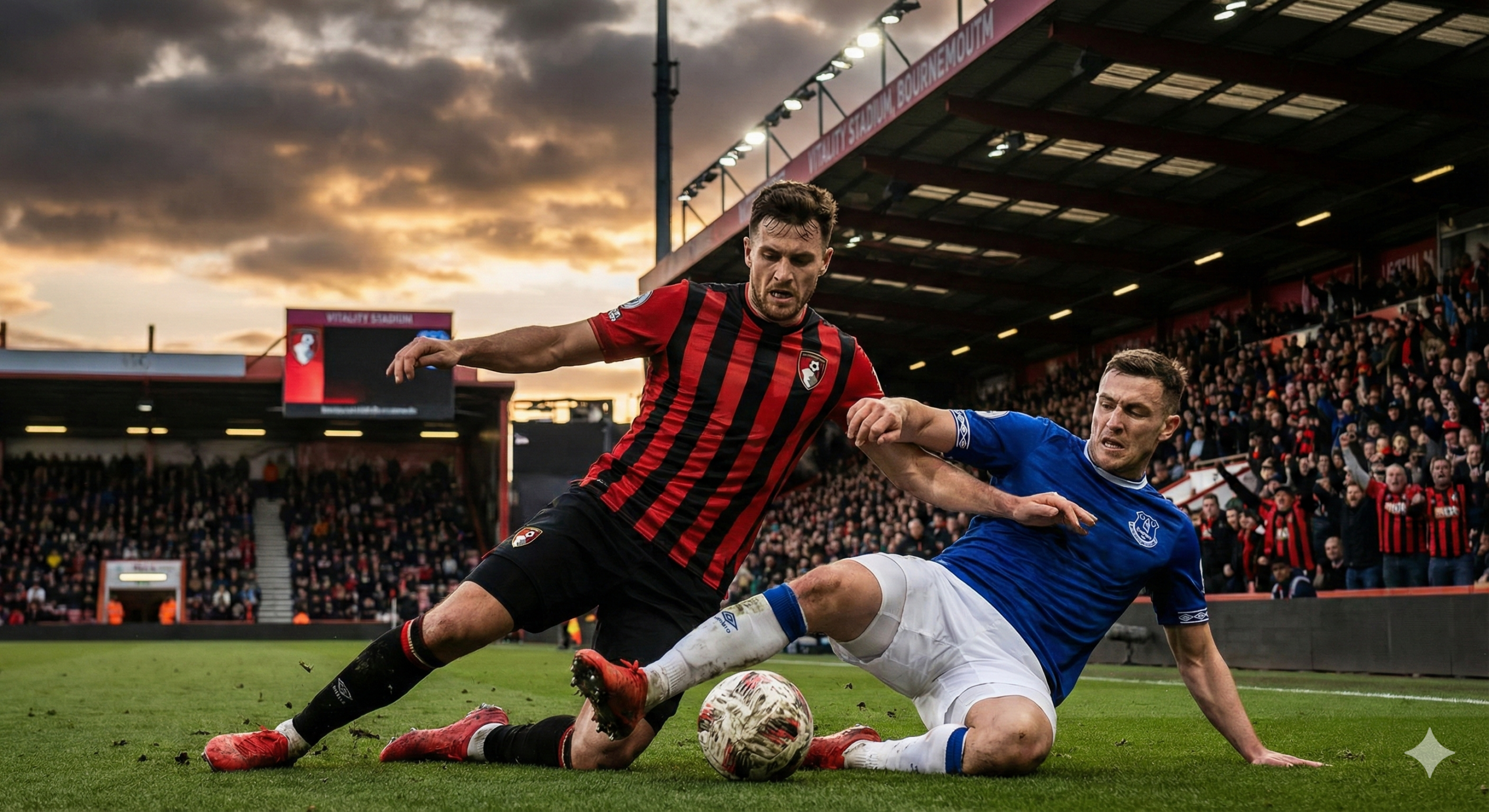 Sebuah gambar aksi berintensitas tinggi yang menangkap momen pertandingan sepak bola Liga Premier Inggris antara Bournemouth (The Cherries) dan Everton (The Toffees). Fokuskan pada dua pemain kunci dari kedua tim yang berebut bola di lapangan, mungkin dengan latar belakang stadion Vitality yang penuh sesak (kandang Bournemouth). Pastikan warna jersey tim (merah-hitam Bournemouth dan biru Everton) terlihat jelas. Tampilkan ekspresi wajah yang menunjukkan tekad dan upaya keras untuk kembali ke jalur kemenangan. Suasana harus terasa dramatis dan penuh semangat, mencerminkan misi kebangkitan kedua tim yang disebutkan di artikel. Gunakan pencahayaan yang mendukung nuansa sore/malam hari pertandingan.