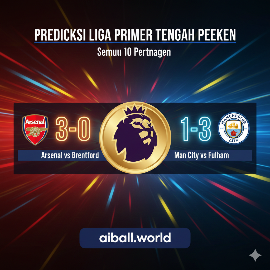 Sebuah gambar dinamis yang menangkap kegembiraan jadwal pertandingan tengah pekan Liga Premier. Tampilkan logo resmi Liga Premier secara mencolok. Latar belakang harus memiliki grafis terpisah yang menampilkan dua pertandingan utama yang disorot, seperti Arsenal melawan Brentford dan Man City melawan Fulham, dengan efek overlay prediksi skor (misalnya 3-0 atau 1-3) untuk menekankan sifat artikel ini sebagai 'prediksi'. Skema warna harus cerah dan mencerminkan energi liga yang intens.