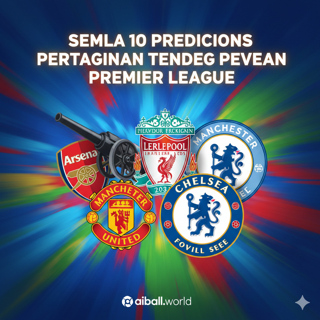 Sebuah kolase yang menampilkan logo-logo klub Liga Premier Inggris yang paling menonjol seperti Arsenal, Manchester City, Liverpool, Chelsea, dan Manchester United. Latar belakang harus memiliki warna-warna cerah dan dinamis, mungkin dengan sedikit efek gerakan atau kecepatan untuk menyiratkan aksi sepak bola yang intens di tengah pekan. Di bagian tengah atas, terdapat teks tebal yang menarik perhatian dalam bahasa Indonesia, berbunyi 'Semua 10 Prediksi Pertandingan Tengah Pekan Premier League'. Tujuannya adalah untuk menarik perhatian pembaca yang tertarik dengan prediksi pertandingan sepak bola. Gambar harus berkualitas tinggi dan profesional.