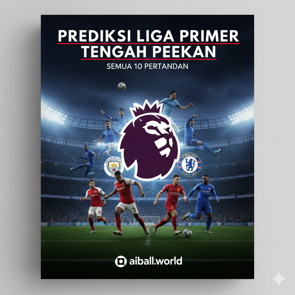 Gambar sampul yang menarik dan bersemangat untuk artikel prediksi Liga Primer Inggris tengah pekan. Fokus utamanya adalah logo resmi Premier League yang bersinar terang, dilingkari oleh bayangan siluet pemain dari tim-tim besar yang akan bertanding (seperti Arsenal, Man City, Chelsea, Liverpool, dan Man Utd) dalam pose aksi dinamis. Latar belakang harus menunjukkan suasana malam di stadion yang ramai, dengan lampu sorot yang dramatis. Di bagian atas atau bawah, teks "Premier League Midweek Predictions" harus ditampilkan dengan font yang kuat dan energik, menunjukkan intensitas persaingan. Warna dominan harus biru tua dan merah cerah untuk menciptakan kontras yang menarik.