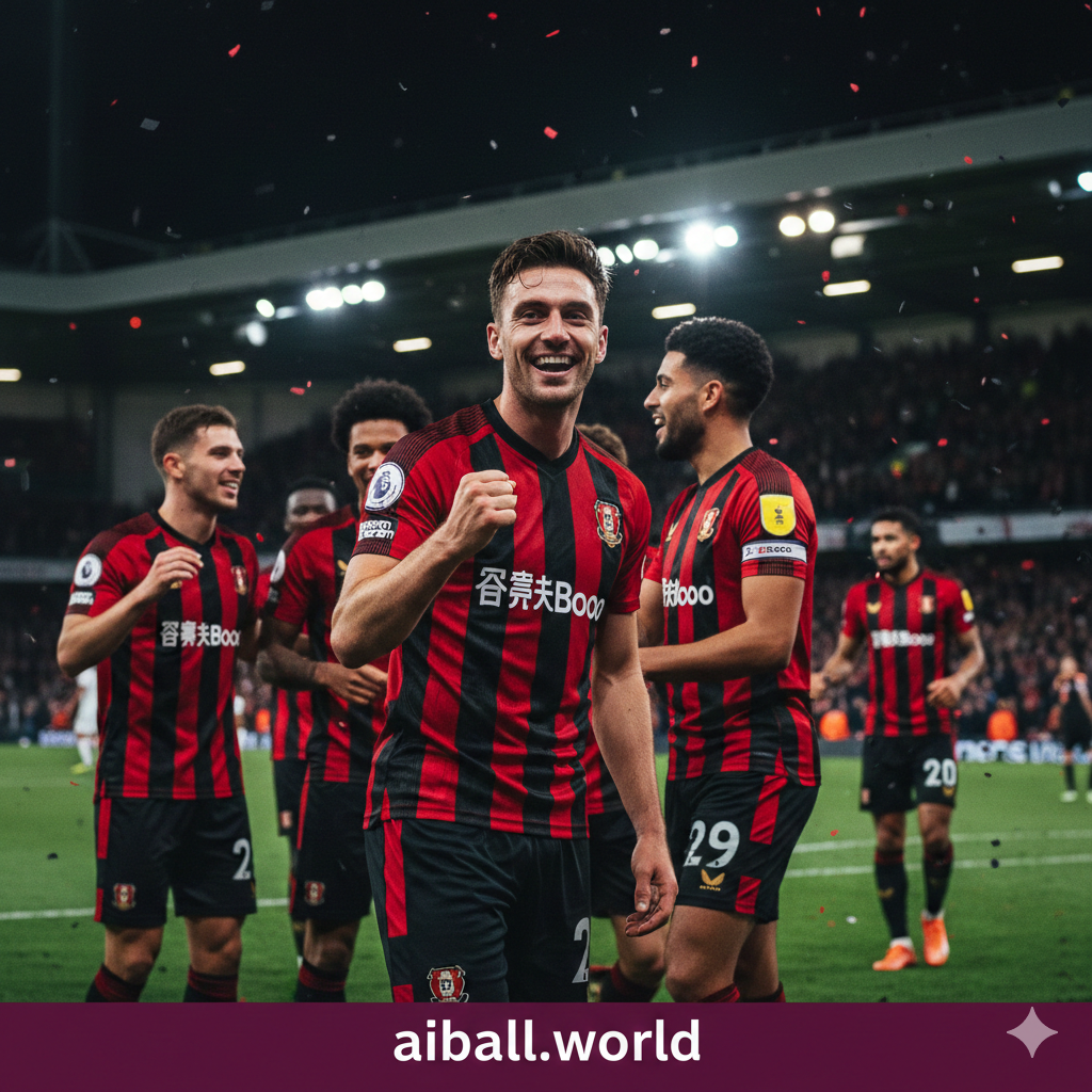 Sebuah gambar visual yang dramatis dan menarik secara editorial yang berfokus pada pemain Bournemouth (The Cherries) yang sedang merayakan gol atau menunjukkan tekad kuat, berlatar belakang Stadion Vitality yang diterangi lampu sorot saat malam hari. Gambar harus menangkap intensitas dan harapan tim tuan rumah untuk kembali meraih kemenangan, mencerminkan nada percaya diri dalam artikel tersebut. Pastikan seragam tim dan logo Premier League terlihat jelas.