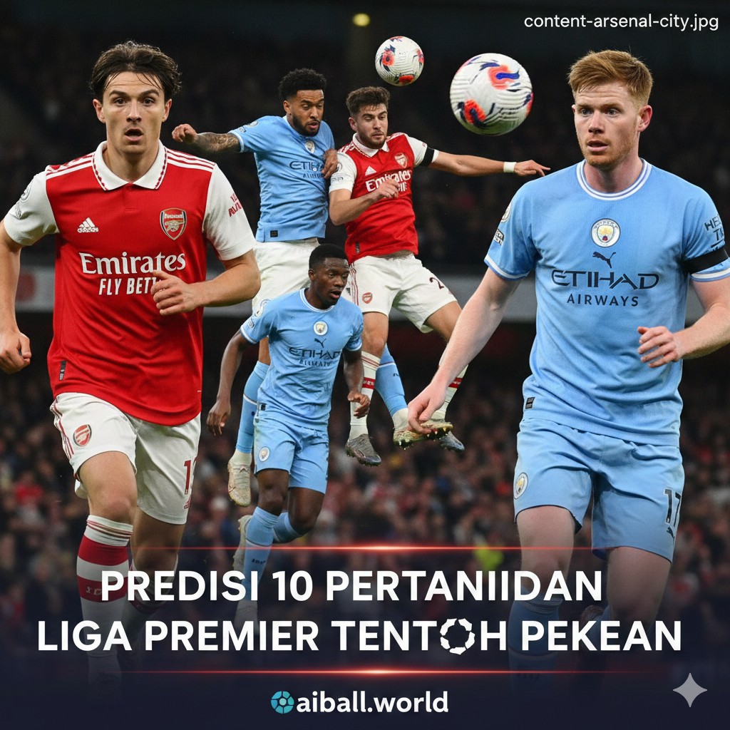 Visual yang berfokus pada dua tim kunci yang disebutkan dalam artikel: Arsenal dan Manchester City. Gambar ini dapat berupa momen aksi dari pertandingan head-to-head sebelumnya antara kedua tim tersebut, atau kolase yang menampilkan kapten kedua tim (misalnya, Martin Odegaard dan Kevin De Bruyne) dalam pose yang bertekad di lapangan. Gunakan warna merah Arsenal dan biru langit Man City secara dominan. Visual ini bertujuan untuk memecah teks di bagian tengah artikel, menyoroti pertandingan tim papan atas, atau pertandingan utama (Fulham vs Man City, Arsenal vs Brentford) dalam jadwal tengah pekan.