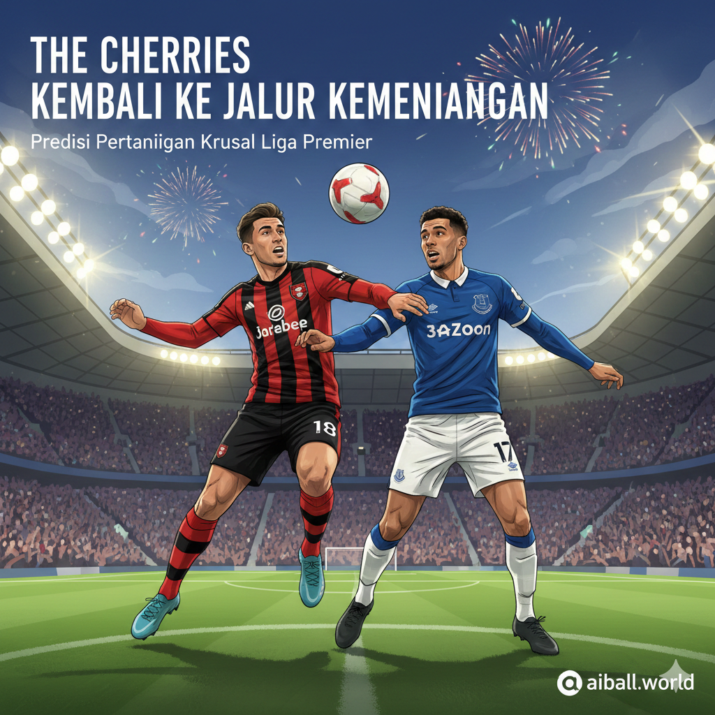 Ilustrasi dramatis yang menampilkan dua pemain dari klub sepak bola Bournemouth ("The Cherries") dengan kostum merah-hitam dan Everton ("The Toffees") dengan kostum biru, sedang beradu dalam perebutan bola yang intens di lapangan hijau. Latar belakang menunjukkan suasana stadion sepak bola yang ramai, mungkin Vitality Stadium, dengan sorotan lampu yang terang. Fokus gambar harus menekankan semangat kompetisi dan antisipasi menjelang pertandingan Liga Premier yang krusial ini, sesuai dengan prediksi bahwa Bournemouth akan kembali ke jalur kemenangan.