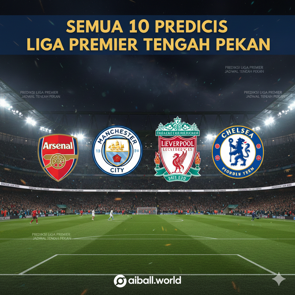 Sebuah kolase yang menampilkan logo-logo klub Liga Premier Inggris yang paling menonjol, seperti Arsenal, Manchester City, Liverpool, dan Chelsea, dalam latar belakang stadion yang ramai di bawah lampu sorot malam hari. Gambar tersebut harus menonjolkan nuansa kompetisi dan energi dari pertandingan tengah pekan (midweek), dengan teks kecil yang samar-samar bertuliskan 'Premier League Predictions' atau 'Jadwal Tengah Pekan' dalam bahasa Indonesia/Inggris, memunculkan antisipasi untuk putaran pertandingan yang menarik dan penuh aksi.