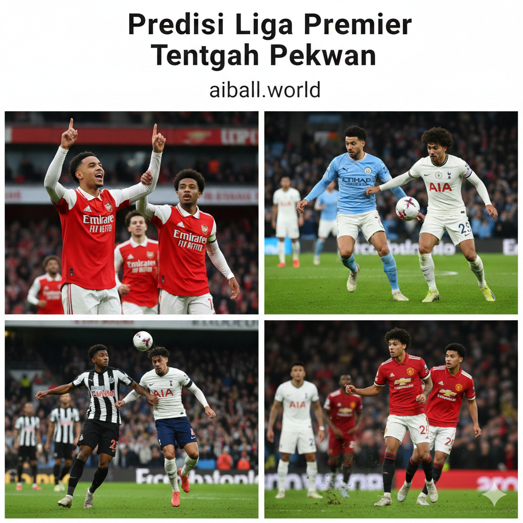 Sebuah kolase yang menampilkan empat momen kunci dari pertandingan Liga Premier yang akan datang, menekankan persaingan sengit di tengah pekan. Di bagian atas kiri, terdapat gambar selebrasi gol pemain Arsenal (seperti Declan Rice atau Bukayo Saka) yang menunjukkan posisi mereka sebagai pemuncak klasemen. Di bagian atas kanan, gambar fokus pada intensitas aksi antara pemain Manchester City dan Fulham di Craven Cottage. Di bawahnya, di sebelah kiri, tunjukkan duel udara yang keras antara pemain Newcastle United dan Tottenham Hotspur, menggambarkan pertarungan untuk posisi di Eropa. Terakhir, di kanan bawah, adegan yang menampilkan pemain Manchester United dan West Ham United dalam perebutan bola. Gunakan warna-warna cerah dan dinamis dari jersey klub-klub tersebut (merah, biru, putih, dll.) untuk menarik perhatian, serta tambahkan teks judul yang menarik 'Prediksi Liga Premier Tengah Pekan'.