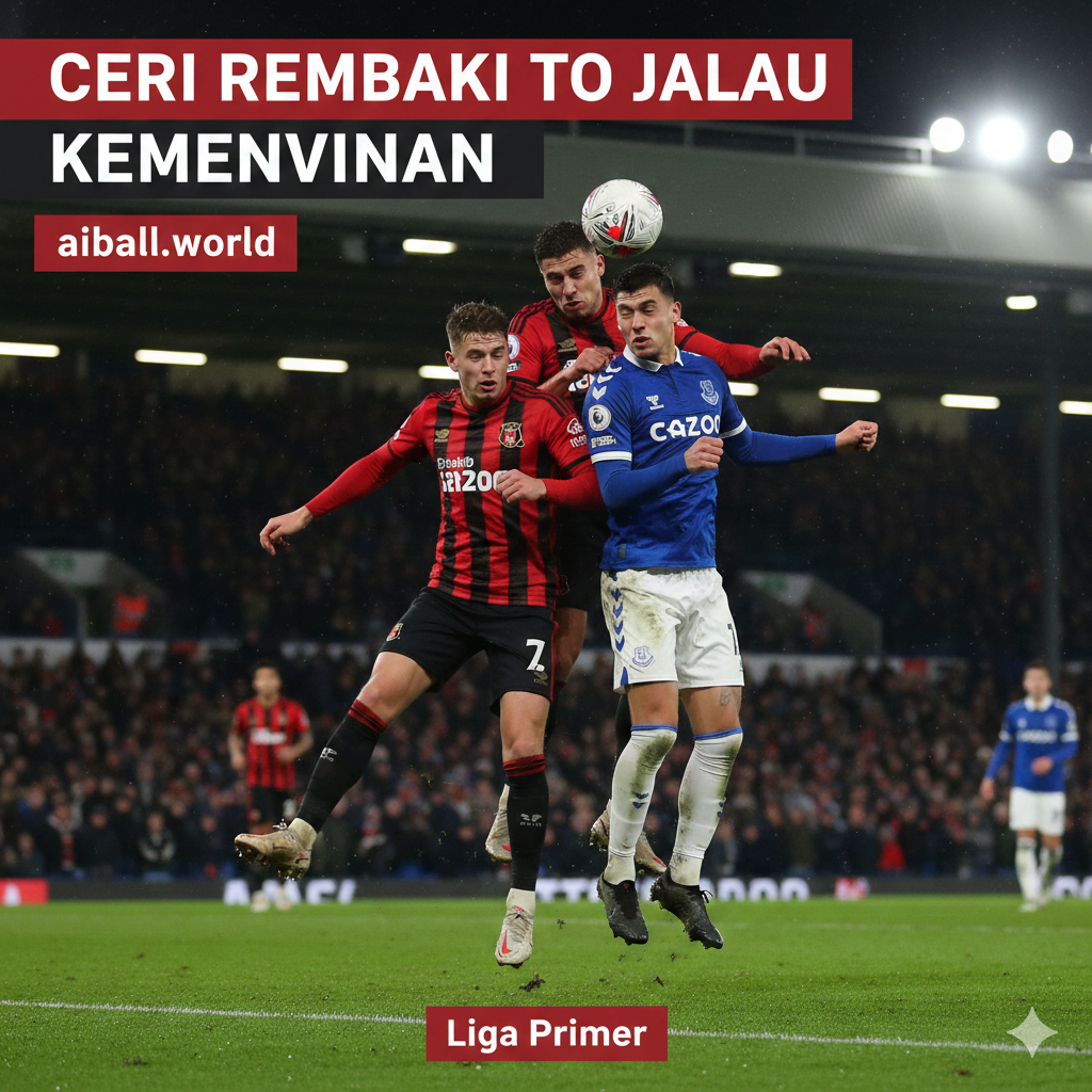 Sebuah gambar yang dramatis dari dua pemain kunci, masing-masing dari AFC Bournemouth (dijuluki 'The Cherries') dengan jersey merah-hitam mereka, dan seorang pemain dari Everton FC (dijuluki 'The Toffees') dengan jersey birunya, sedang berjuang memperebutkan bola di tengah lapangan. Ekspresi wajah mereka menunjukkan intensitas dan tekad. Latar belakang menunjukkan Stadion Vitality, markas Bournemouth, dengan lampu sorot yang terang, menyoroti atmosfer pertandingan malam yang mendebarkan di Liga Premier.