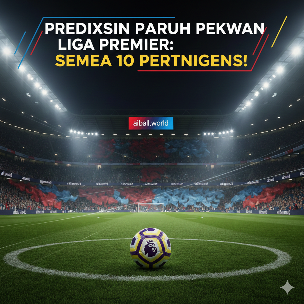 Pemandangan stadion sepak bola Premier League yang megah dan dramatis di malam hari, diterangi oleh lampu sorot stadion yang sangat terang. Di tengah lapangan rumput hijau yang sempurna, terdapat bola sepak resmi Premier League. Latar belakang menampilkan tribun penonton yang penuh sesak dengan penggemar yang mengibarkan bendera berwarna merah dan biru langit, melambangkan persaingan ketat antara Arsenal dan Manchester City di puncak klasemen. Suasana gambar harus terasa intens, energik, dan penuh antisipasi, mencerminkan jadwal padat pertandingan tengah pekan yang akan melibatkan seluruh 20 klub.