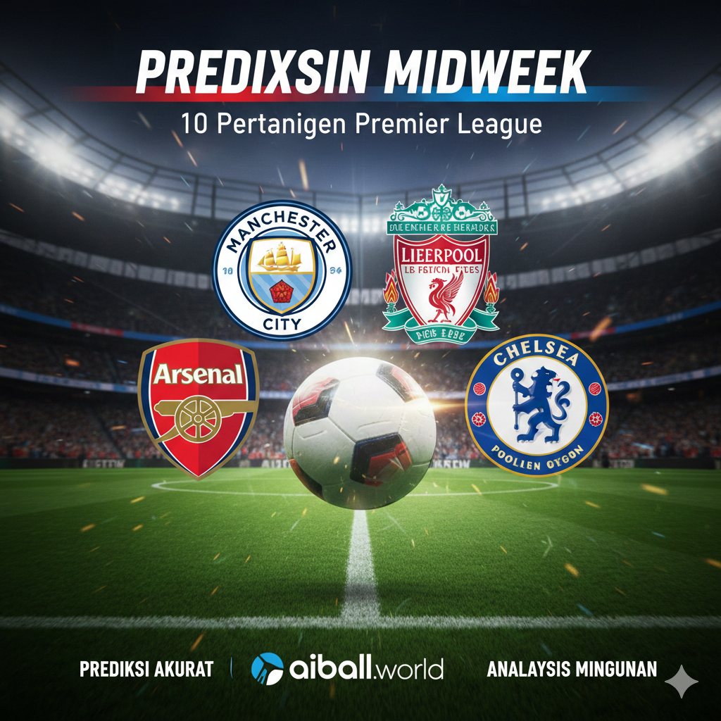 Penggambaran yang dinamis dan menarik secara visual yang merangkum aksi sepak bola Liga Premier Inggris yang akan datang di tengah pekan. Foto tersebut harus menampilkan kolase beberapa ikon tim Liga Premier (seperti logo Arsenal, Man City, Liverpool, dan Chelsea) yang dikelompokkan bersama di sekitar bola sepak yang berputar atau di tengah lapangan hijau yang terang. Gunakan tata letak yang bersemangat dengan warna-warna tim yang kontras dan judul 'PREDIKSI MIDWEEK' yang menonjol dan tebal, menekankan intensitas jadwal 10 pertandingan yang padat. Suasana harus menginspirasi kegembiraan dan antisipasi para penggemar terhadap pertandingan yang akan datang.