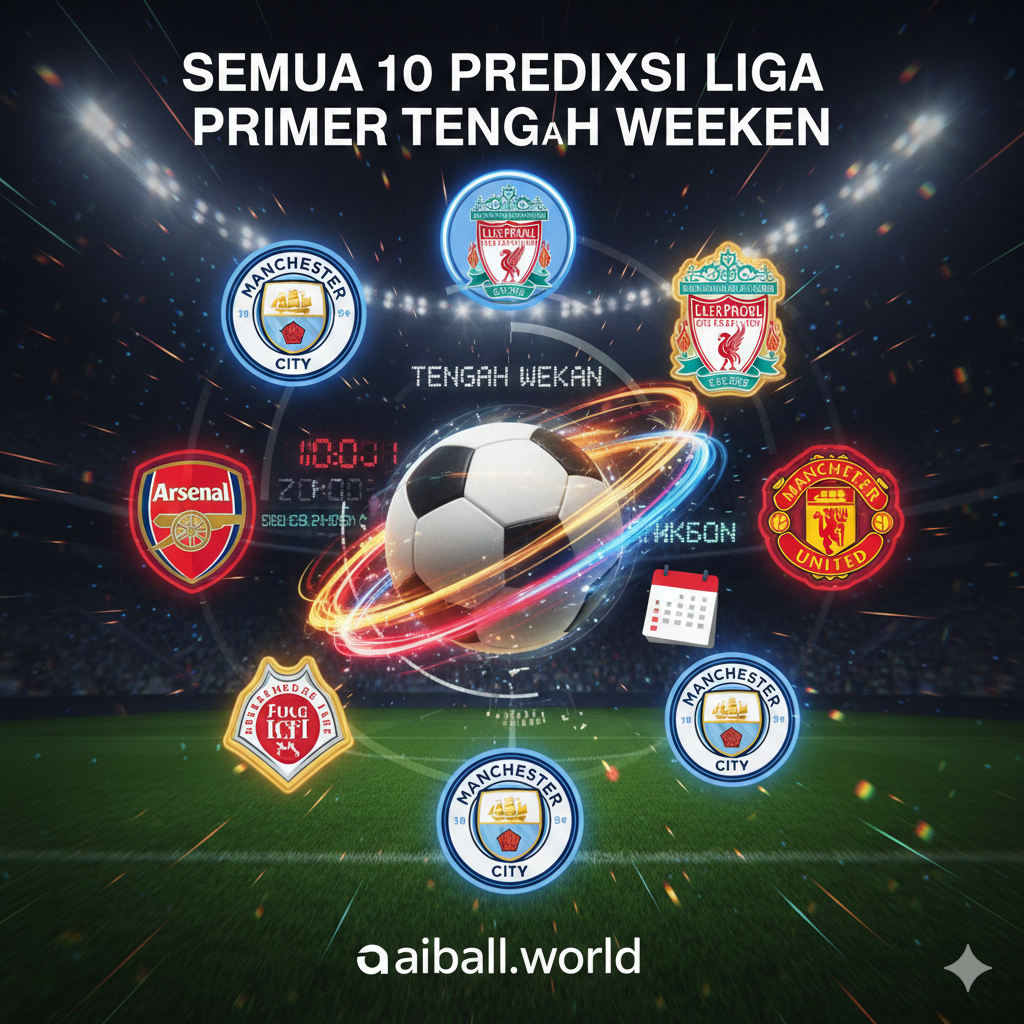 Sebuah kolase visual dinamis yang mewakili persaingan sengit Premier League di tengah pekan. Gambar harus menampilkan lambang klub-klub besar seperti Arsenal, Manchester City, Liverpool, dan Manchester United dalam tata letak yang menarik, dengan fokus pada bola sepak yang bergerak cepat. Tambahkan elemen jam atau kalender yang menunjukkan 'Midweek' atau 'Tengah Pekan' untuk menekankan jadwal pertandingan. Palet warna didominasi oleh warna-warna cerah dan intens khas siaran sepak bola, memicu antisipasi akan hasil prediksi dalam artikel ini.