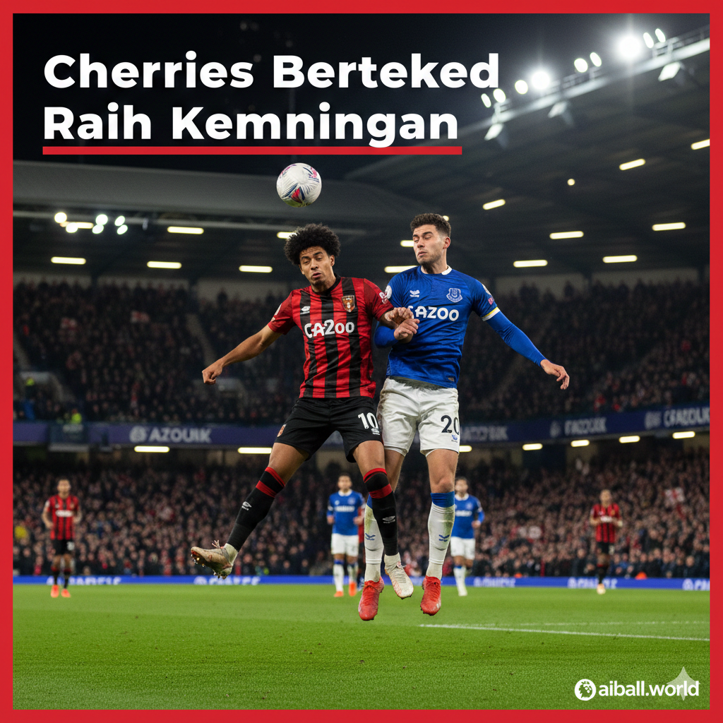 Gambar bersemangat yang menangkap esensi pertandingan Premier League antara Bournemouth dan Everton. Fokus utama adalah pada dua pemain yang berduel untuk memperebutkan bola di tengah lapangan Vitality Stadium, satu mengenakan jersey merah-hitam khas 'The Cherries' dan yang lainnya mengenakan jersey biru tradisional 'The Toffees'. Latar belakang stadion yang ramai dengan cahaya malam dan sorotan lampu memberikan kesan atmosfer pertandingan yang krusial. Gambar ini melambangkan tekad kedua tim untuk kembali ke jalur kemenangan setelah kekalahan mengecewakan, menggarisbawahi intensitas duel fisik dan taktis dalam upaya meraih tiga poin penting di Liga Primer.