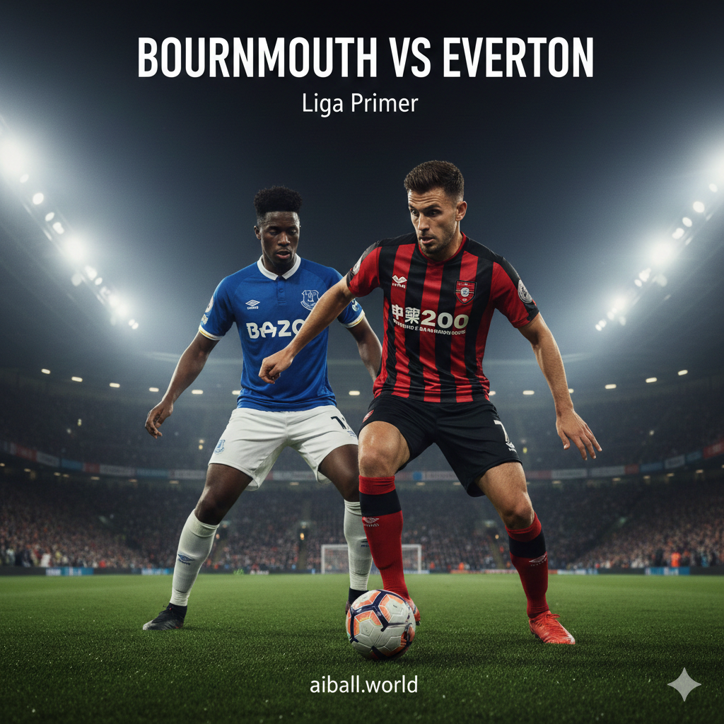 Gambar sampul yang dramatis menampilkan dua pemain kunci dari Bournemouth dan Everton dalam pose bersemangat di tengah lapangan sepak bola yang diterangi lampu stadion pada malam hari. Pemain Bournemouth (dengan jersey merah-hitam khas 'The Cherries') terlihat memegang bola dan menatap penuh tekad, sementara pemain Everton (dengan jersey biru) berada di latar belakang, menunjukkan rivalitas dan intensitas pertandingan Liga Premier yang akan datang di Vitality Stadium. Judul pertandingan, 'Bournemouth vs Everton', ditempatkan di bagian atas untuk menarik perhatian.