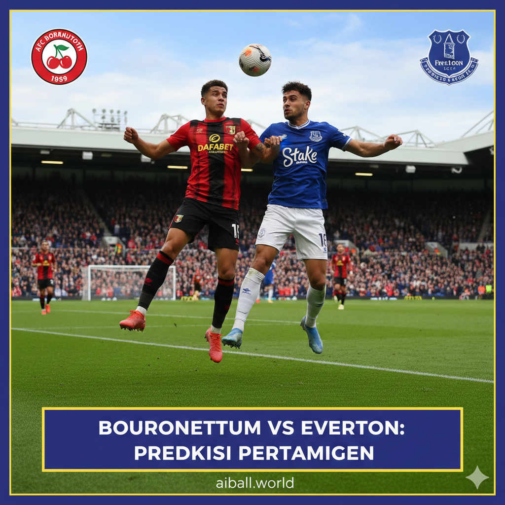 Sebuah gambar visual yang menarik, fokus pada pertandingan sepak bola Liga Primer antara Bournemouth (dijuluki 'The Cherries') dan Everton. Tampilkan dua pemain kunci dari masing-masing tim yang sedang bertarung memperebutkan bola di lapangan hijau yang cerah. Latar belakang harus menunjukkan stadion yang penuh, dengan logo kedua klub, AFC Bournemouth dan Everton FC, ditempatkan secara halus di sudut atas. Judul 'Bournemouth vs Everton: Prediksi Pertandingan' dengan warna kontras harus ditampilkan di bagian bawah gambar untuk penekanan.
