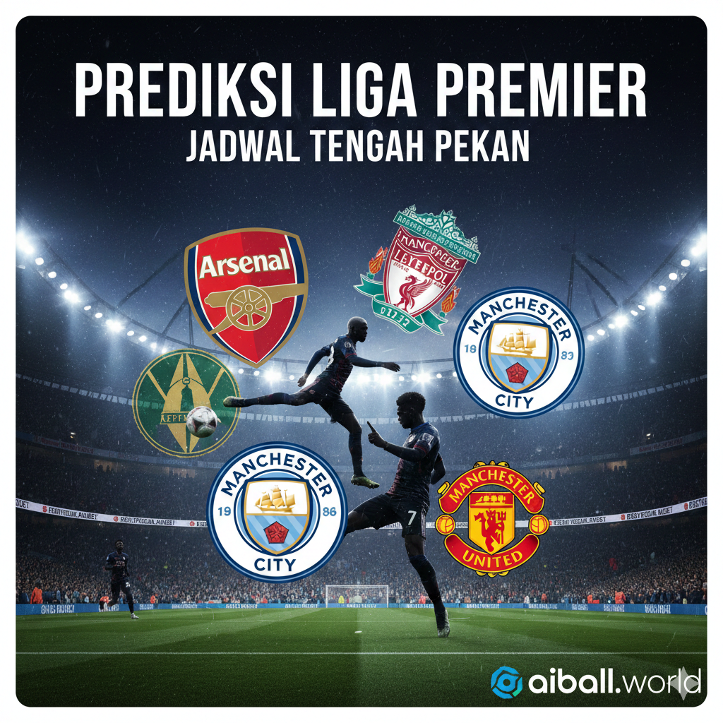 Visual yang menarik dan dinamis yang menangkap semangat kompetisi Liga Premier Inggris. Gambar harus menampilkan montase atau kolase dari beberapa logo atau pemain kunci tim yang disebutkan dalam artikel (misalnya, Arsenal, Man City, Liverpool, Man Utd) dengan fokus pada atmosfer pertandingan malam hari/tengah pekan. Teks overlay harus minimal, mungkin hanya 'PREDIKSI LIGA PREMIER' atau 'MIDWEEK FIXTURES' dalam gaya yang berani dan energik. Pastikan elemen visualnya berkualitas tinggi, memiliki kontras yang baik, dan menarik perhatian pembaca untuk mengklik artikel tentang 10 pertandingan yang akan datang ini.