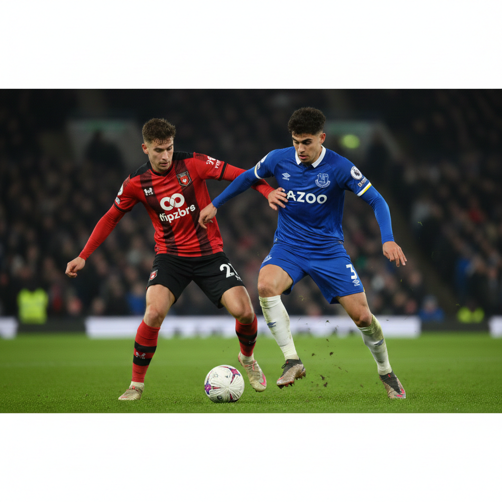 Gambar sampul ini menampilkan komposisi dinamis dua pemain kunci yang berhadapan. Satu pemain mengenakan seragam kandang merah-hitam khas Bournemouth ('The Cherries'), dan yang lainnya mengenakan seragam biru ikonik Everton ('The Toffees'). Latar belakang buram menampilkan stadion Vitality yang diterangi lampu sorot saat malam hari, menekankan pengaturan pertandingan. Pemain-pemain tersebut berada dalam momen perebutan bola yang intens, mewakili tekad kedua tim untuk 'kembali ke jalur kemenangan' seperti yang disebutkan dalam judul artikel, menyoroti persaingan sengit antara kedua klub Liga Premier Inggris ini.