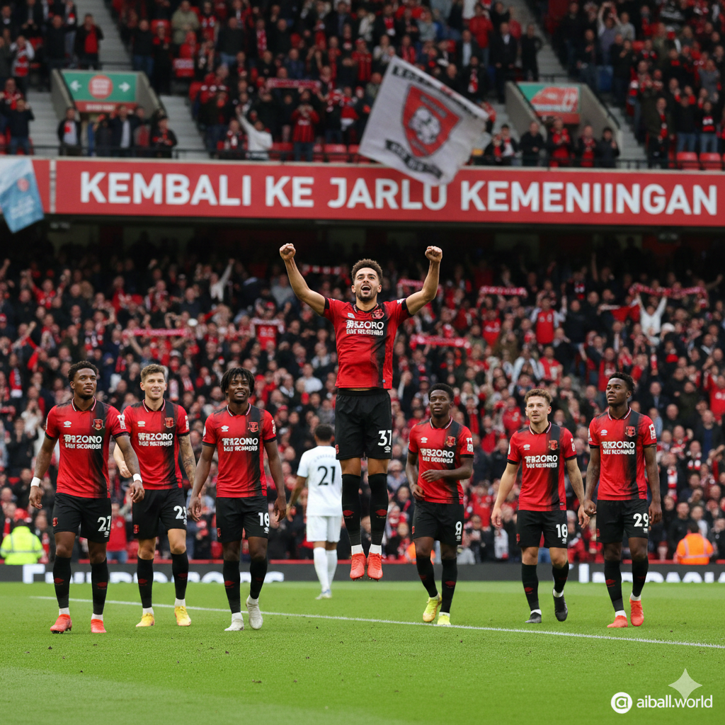 Sebuah foto penuh aksi di Stadion Vitality yang menunjukkan pemain Bournemouth (dijuluki 'The Cherries') dalam seragam merah dan hitam khas mereka, sedang merayakan gol atau menunjukkan kegembiraan intens. Fokus utama harus pada pemain kunci Bournemouth, mungkin dengan latar belakang fans yang bersorak. Gambar harus mencerminkan suasana pertandingan sepak bola Liga Premier yang kompetitif, menyoroti tekad tim untuk 'kembali ke jalur kemenangan' melawan Everton, seperti yang tersirat dalam judul dan isi artikel. Perlu diperhatikan bahwa suasana harus optimis dan penuh semangat.