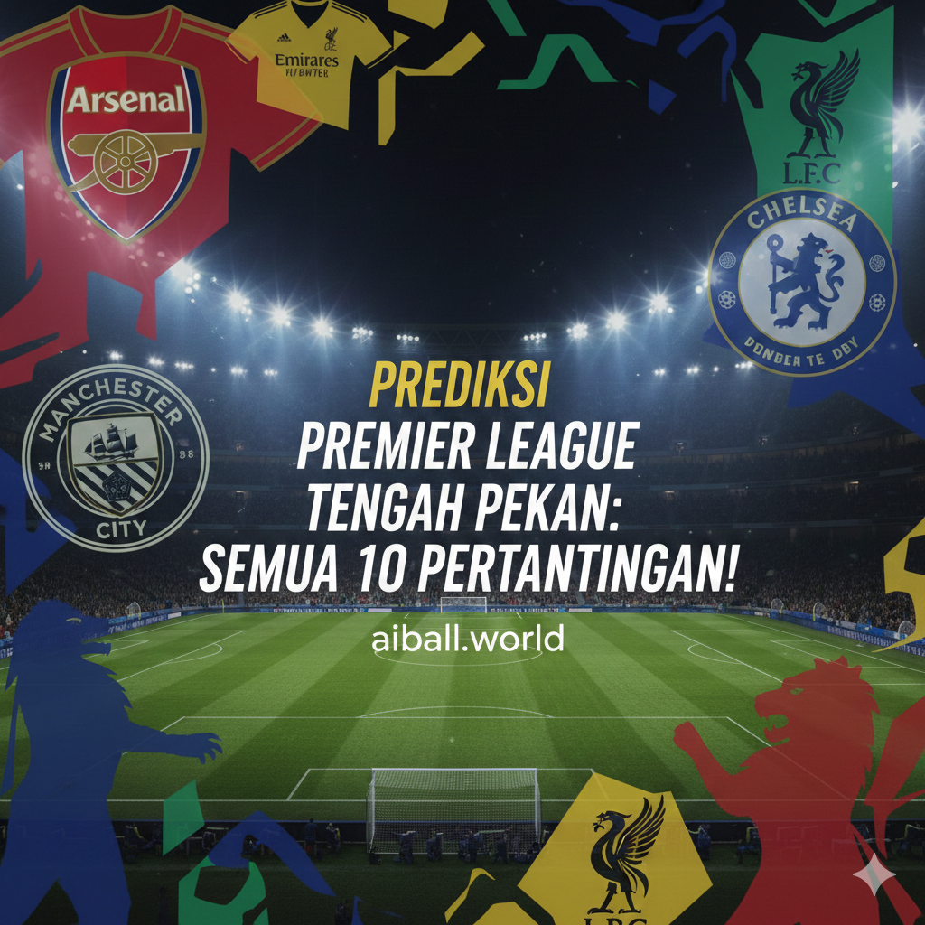 Sebuah kolase dinamis yang menampilkan logo atau siluet jersey dari beberapa klub Premier League terkemuka yang akan bertanding di tengah pekan, seperti Arsenal, Manchester City, Chelsea, dan Liverpool. Tampilkan lapangan sepak bola pada malam hari di latar belakang dengan lampu sorot yang terang, menyimbolkan pertandingan tengah pekan yang intens. Di bagian tengah, terdapat teks tebal dan menarik dalam Bahasa Indonesia yang bertuliskan 'Prediksi Premier League Tengah Pekan' (atau sejenisnya), dengan fokus pada suasana kompetisi yang seru dan penuh antisipasi.