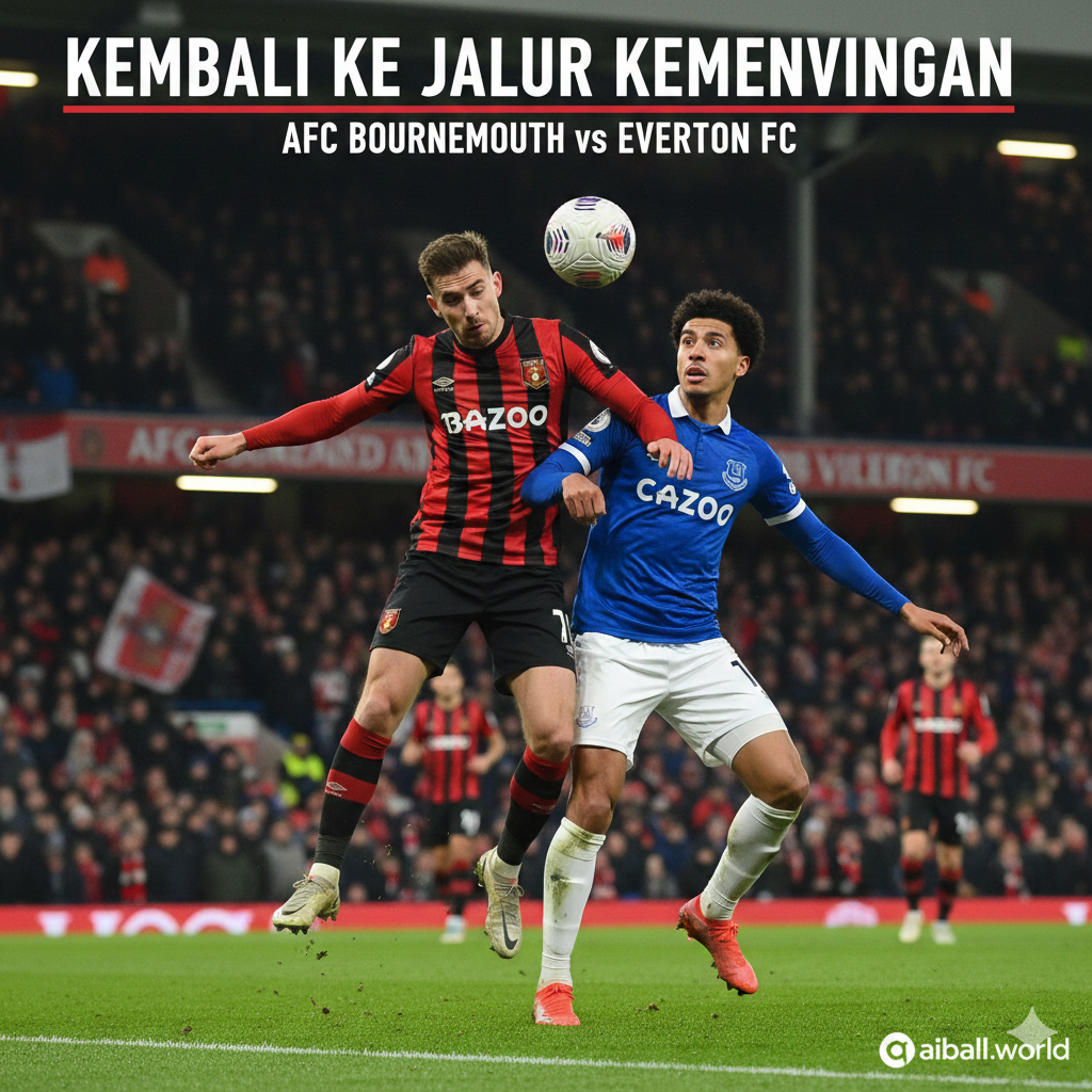Sebuah gambar sampul yang dramatis dan berkualitas tinggi yang menggambarkan momen intens dalam pertandingan Liga Premier antara AFC Bournemouth ('The Cherries') dan Everton FC ('The Toffees'). Fokus utama adalah pada dua pemain yang berjuang memperebutkan bola, satu mengenakan seragam merah dan hitam khas Bournemouth dan yang lainnya mengenakan seragam biru Everton. Latar belakang harus menunjukkan suasana stadion yang energik, idealnya Stadion Vitality. Gambar ini harus menangkap janji Bournemouth untuk kembali meraih kemenangan, mencerminkan persaingan sengit dan pentingnya pertandingan ini bagi kedua tim untuk memperbaiki performa mereka setelah hasil mengecewakan di pekan sebelumnya.