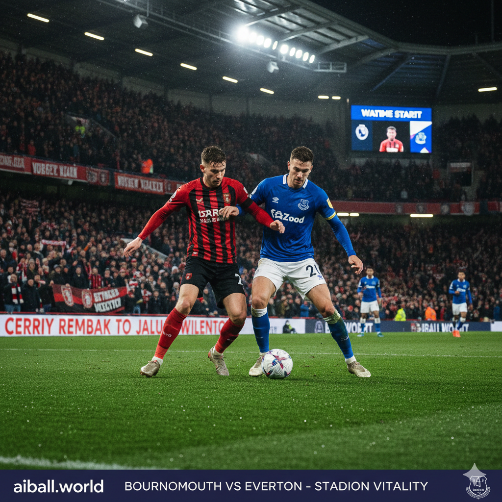 Ilustrasi realistis yang menampilkan suasana intens pertandingan sepak bola malam hari di Stadion Vitality. Fokus utama adalah pada dua pemain yang sedang berduel memperebutkan bola di lapangan hijau yang basah; satu pemain mengenakan seragam bergaris merah dan hitam yang ikonik mewakili tim tuan rumah Bournemouth, sementara lawannya mengenakan seragam biru kerajaan khas Everton. Latar belakang memperlihatkan tribun stadion yang padat dengan penonton yang antusias di bawah sorotan lampu sorot yang terang benderang, menciptakan atmosfer kompetitif Liga Premier yang dramatis sebelum kickoff.