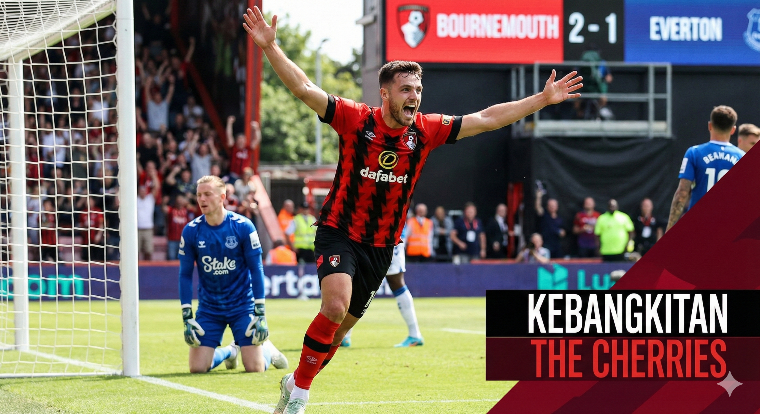 Gambar aksi dinamis yang menyoroti kekuatan serangan Bournemouth, sesuai dengan prediksi pertandingan yang mengharapkan banyak gol. Terlihat seorang penyerang The Cherries sedang melakukan selebrasi penuh semangat setelah mencetak gol, dengan latar belakang gawang dan penjaga gawang lawan yang terlihat kecewa. Suasana gambar cerah dan penuh energi, dengan detail rumput lapangan yang tajam dan pencahayaan yang dramatis, menggambarkan tekad Bournemouth untuk bangkit dari kekalahan sebelumnya dan mengamankan poin penuh di kandang sendiri melawan The Toffees.