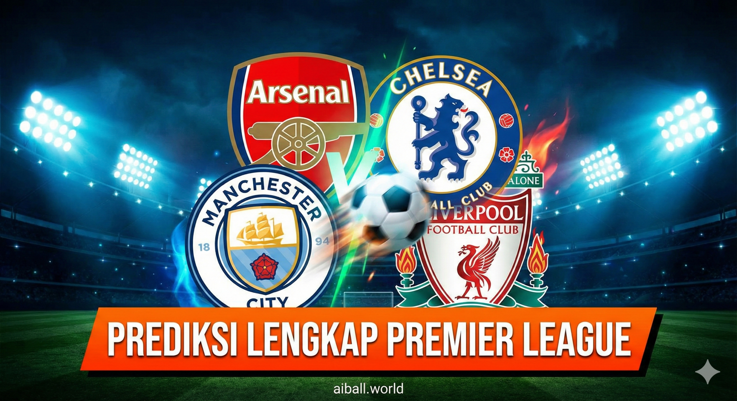 Ilustrasi yang dinamis dan menarik tentang kesibukan jadwal Liga Premier Inggris di tengah pekan (midweek). Gambar harus menampilkan logo-logo klub besar yang saling berhadapan, seperti Arsenal, Manchester City, Chelsea, dan Liverpool, dengan latar belakang stadion yang disinari lampu malam. Tampilkan bola sepak yang bergerak cepat untuk menyimbolkan aksi dan intensitas. Gunakan warna-warna cerah dan kontras untuk menonjolkan semangat kompetisi. Teks judul 'PREDIKSI LENGKAP PREMIER LEAGUE' dengan huruf tebal harus disematkan secara mencolok.