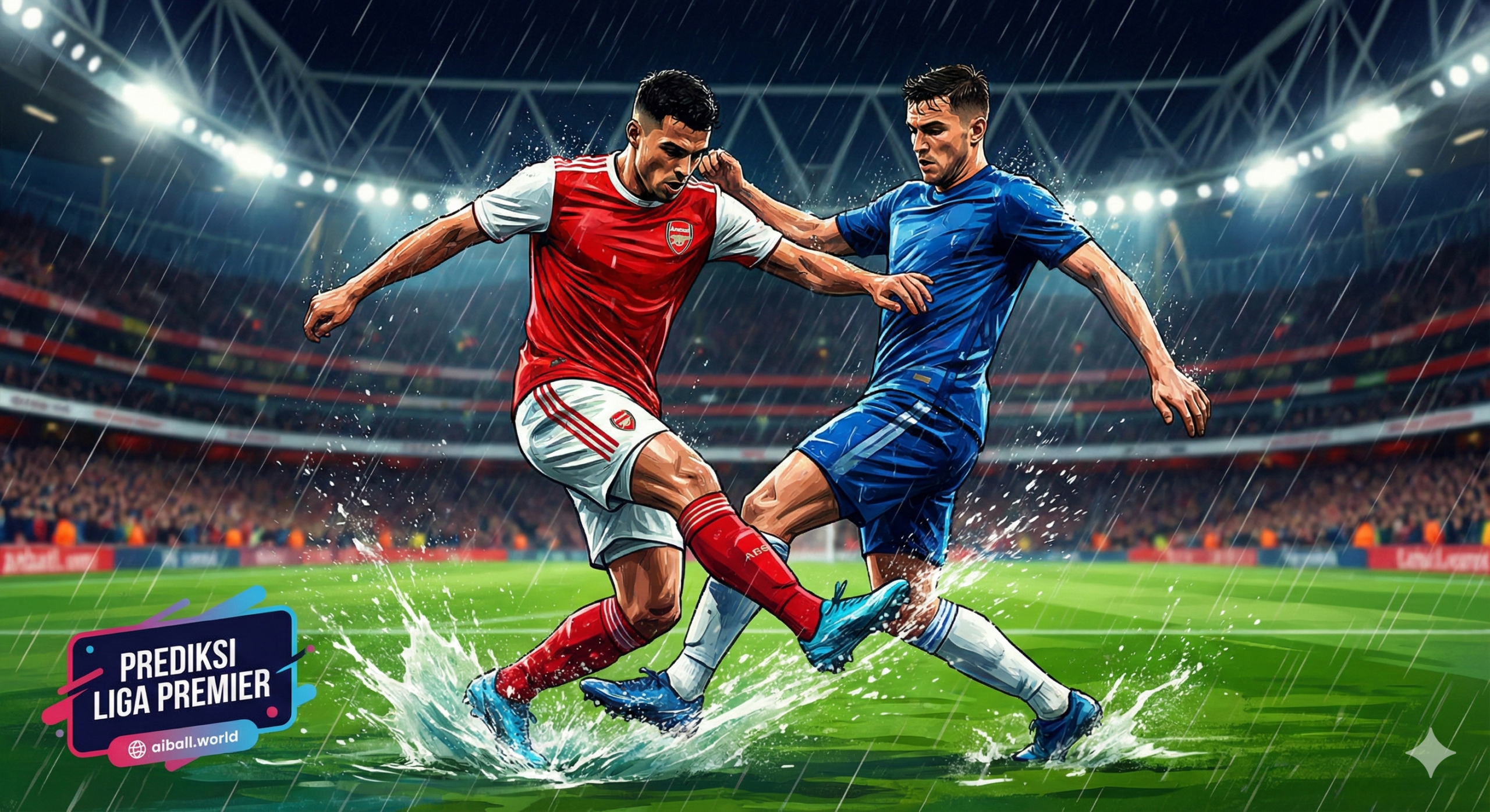 Sebuah aksi intens di lapangan sepak bola yang menangkap duel dinamis antara dua pemain Premier League selama pertandingan malam hari yang hujan. Fokus gambar adalah pada pemain penyerang yang mengenakan seragam merah (merepresentasikan Arsenal sebagai pemuncak klasemen) yang sedang berusaha melepaskan tembakan atau melewati bek lawan. Percikan air dari rumput basah terlihat jelas di bawah cahaya lampu stadion, menambah kesan dramatis dan realistis. Latar belakang tribun penonton dibuat sedikit kabur (bokeh) untuk menekankan fokus pada ketegangan fisik dan tekad para atlet yang sedang berjuang keras untuk mempertahankan posisi mereka di klasemen liga.