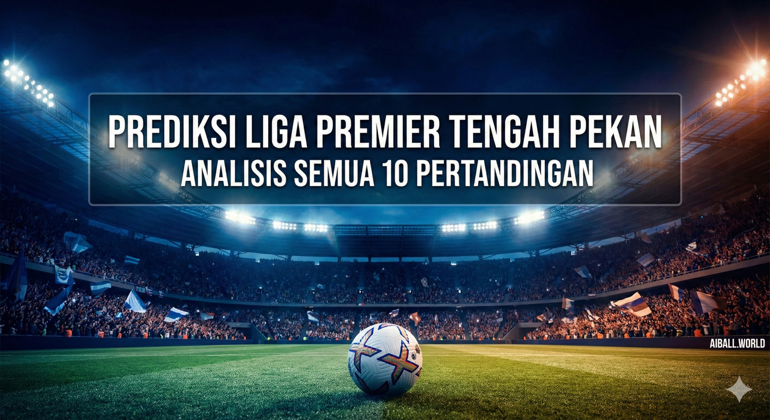 Pemandangan stadion sepak bola Liga Premier Inggris yang megah di malam hari, diterangi oleh lampu sorot yang terang benderang, menciptakan suasana dramatis untuk pertandingan tengah pekan. Di bagian tengah, terlihat sebuah bola sepak bola modern di atas rumput hijau yang segar, siap untuk ditendang. Latar belakang menampilkan tribun penonton yang penuh semangat dengan bendera tim yang berkibar samar, melambangkan antusiasme para penggemar dan intensitas persaingan ketat di antara 20 klub yang berlaga dalam jadwal padat ini.