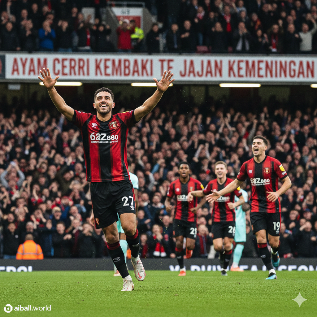 Seorang pemain Bournemouth ('The Cherries') dengan jersey merah-hitam sedang merayakan gol di depan tribun penonton. Pemain tersebut mengangkat kedua tangan ke udara dengan ekspresi kegembiraan, dan beberapa rekan setimnya bergegas mendekatinya. Penonton di belakangnya terlihat bersemangat. Gambar diambil dari sudut rendah, memberikan kesan heroik dan menonjolkan aksi. Pencahayaan cerah dan energik, menangkap emosi momen kemenangan. Gaya fotografi olahraga berkecepatan tinggi, membekukan gerakan selebrasi dan kegembiraan penonton.
