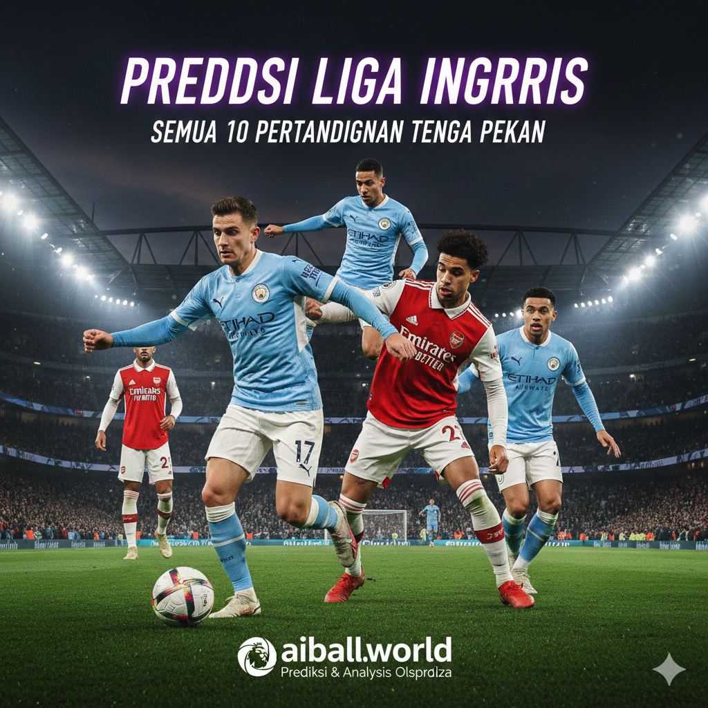 一张充满张力的英超联赛主题封面图，专为周中赛程预测文章设计。画面采用充满动感的拼贴构图，核心位置展示身穿浅蓝色球衣的曼城球员与身穿红色球衣的阿森纳球员，表现出激烈的对抗姿态或奔跑瞬间。背景是灯火通明的现代化足球场，夜空深邃，泛光灯投射出强烈的光束，营造出周中晚场比赛的独特热烈氛围。色彩方面，以草地的鲜绿色、夜空的深蓝色以及英超标志性的紫色为主色调。光影处理细腻，具有高清晰度的体育摄影质感，符合aiball.world的专业体育资讯风格。